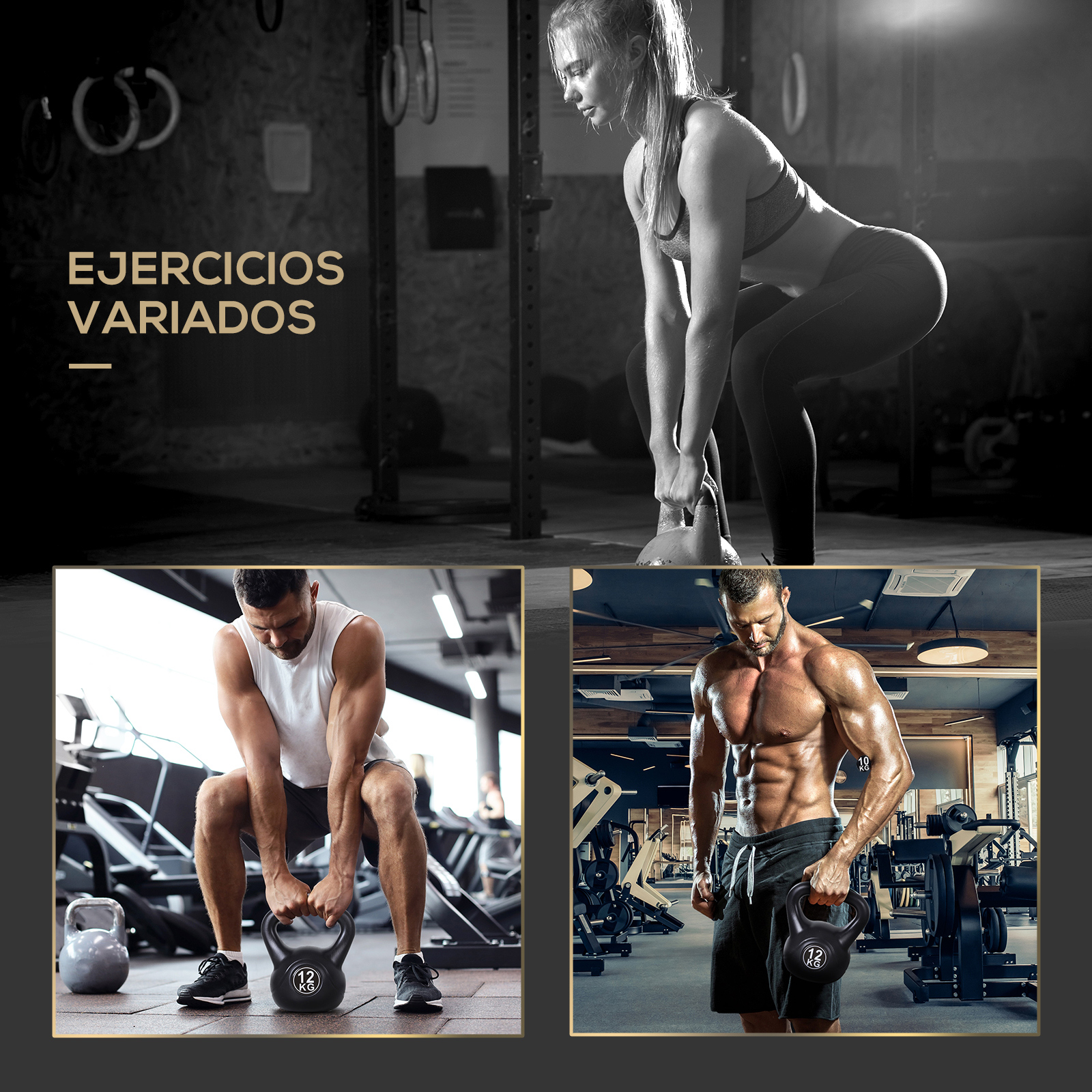 Tres imágenes que muestran a personas haciendo ejercicio con pesas rusas. Texto: Ejercicios Variados.