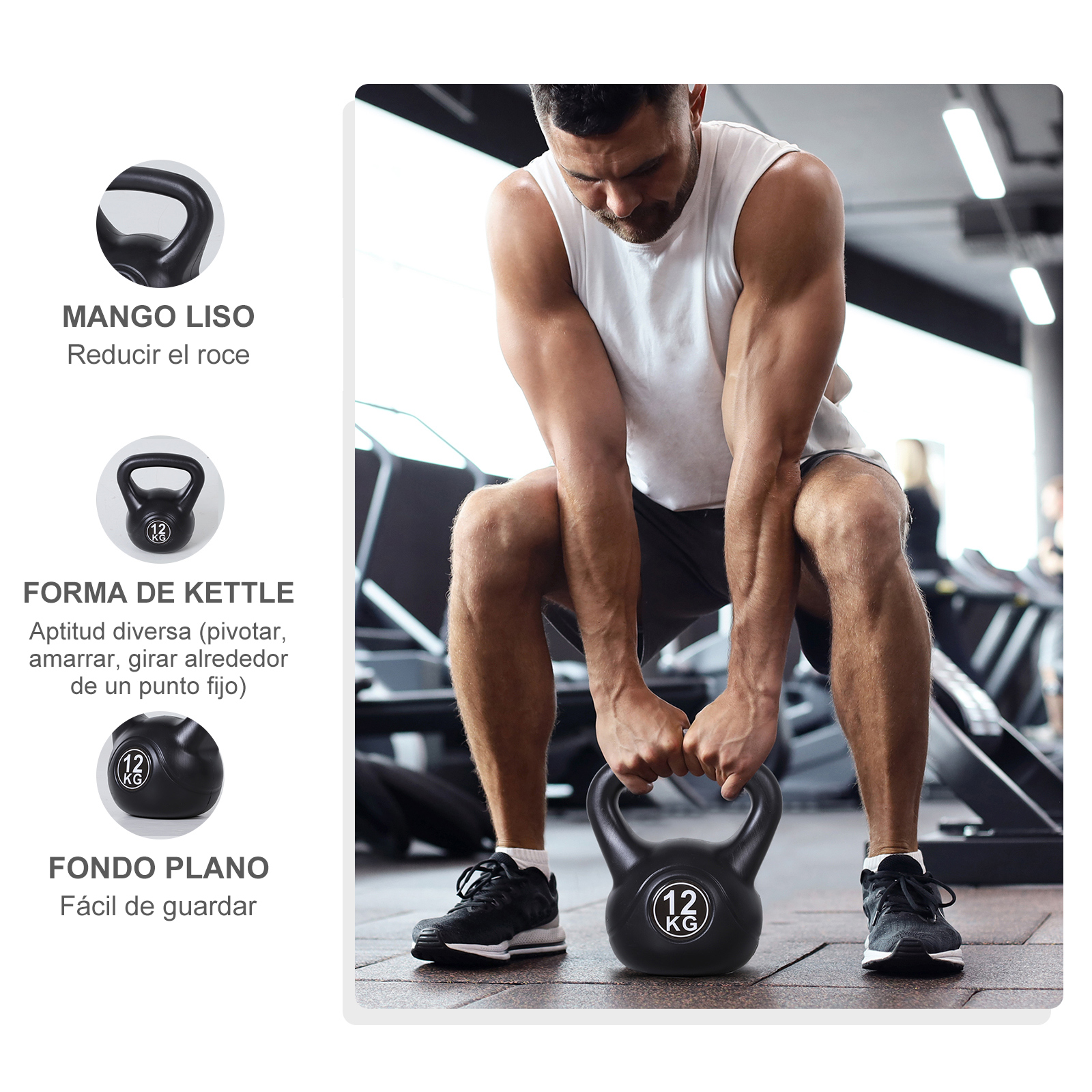 Hombre en gimnasio sosteniendo pesa rusa negra (12 KG). Etiquetas de texto describen características de la pesa.