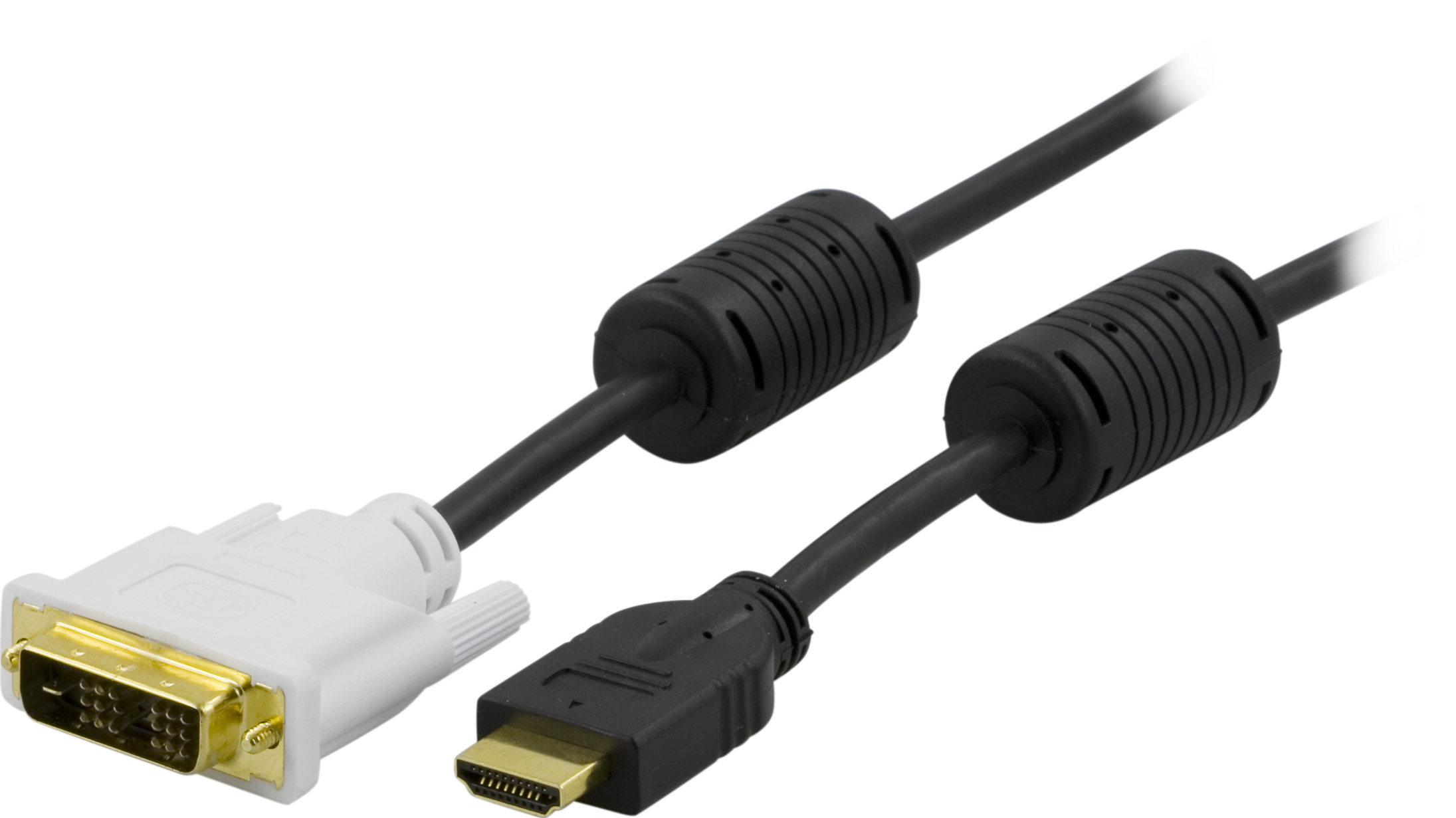 Een DVI-naar-HDMI-kabel, met een witte DVI-connector en een zwarte HDMI-connector.