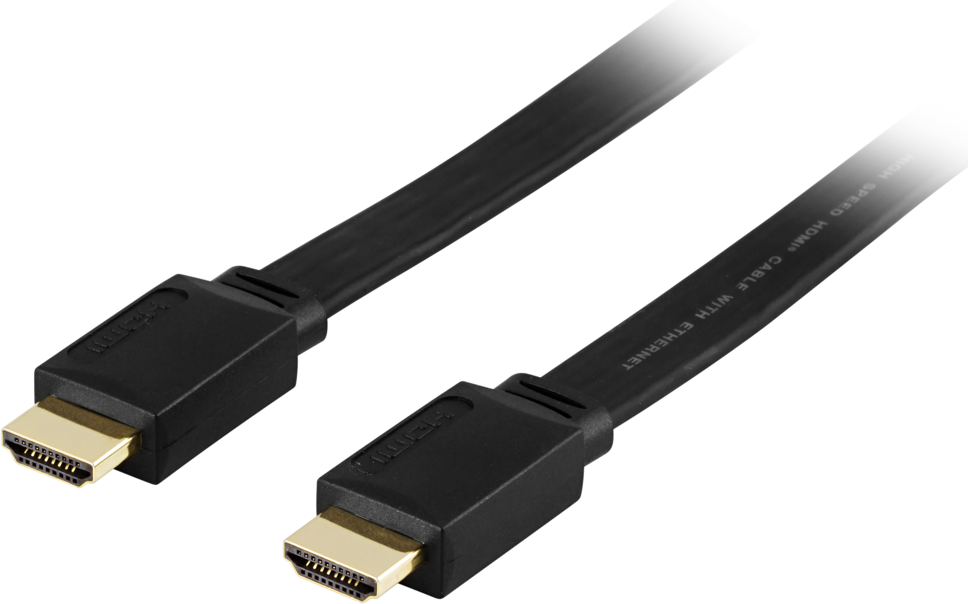 Een zwarte HDMI-kabel met gouden connectoren. De kabel is plat.