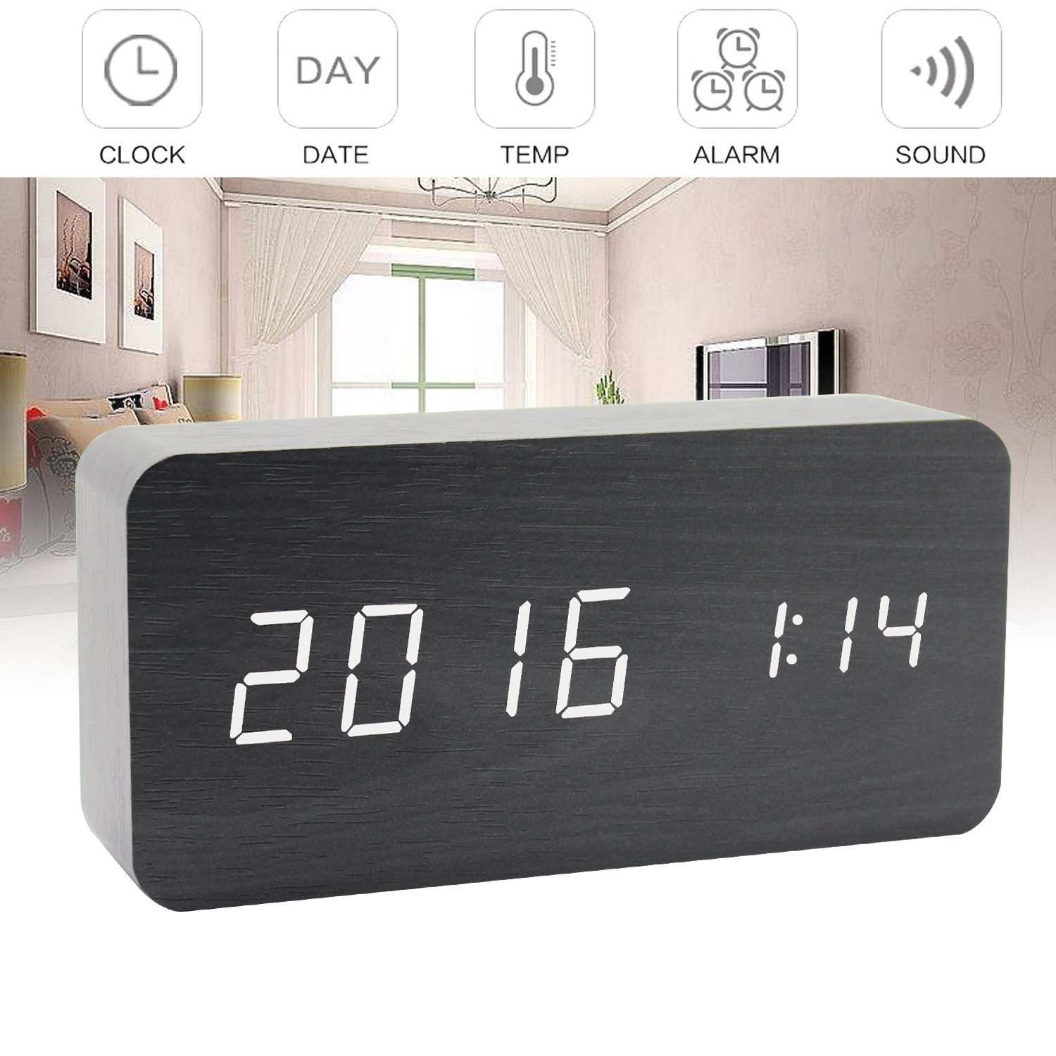 Zegar cyfrowy wyświetla 20:16 i 1:14. Obecne symbole zegara, daty, temperatury, alarmu i dźwięku.