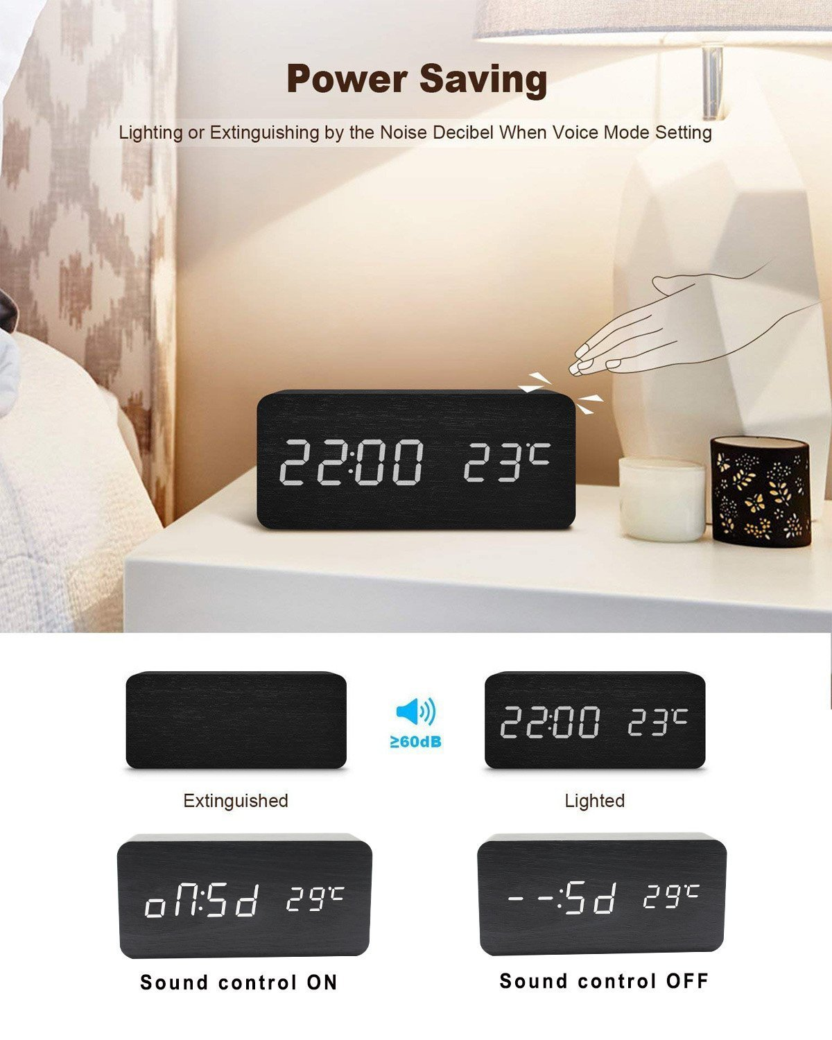 Czarny drewniany budzik cyfrowy wyświetlający godzinę 22:00 i 23°C. Posiada sterowanie dotykowe.