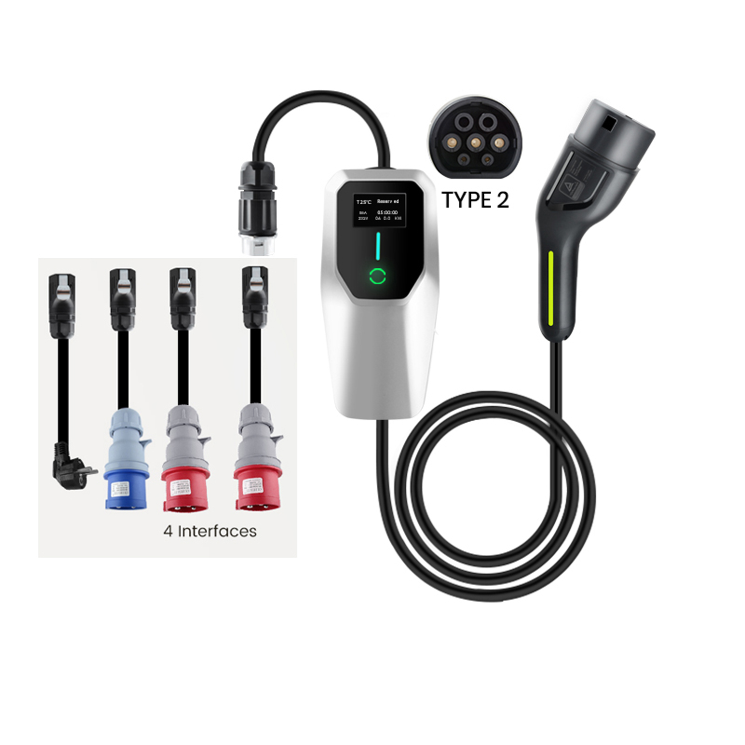 Ladestation für Elektrofahrzeuge, Kabel und Stecker. Enthält Typ-2-Anschluss und andere Adapter.