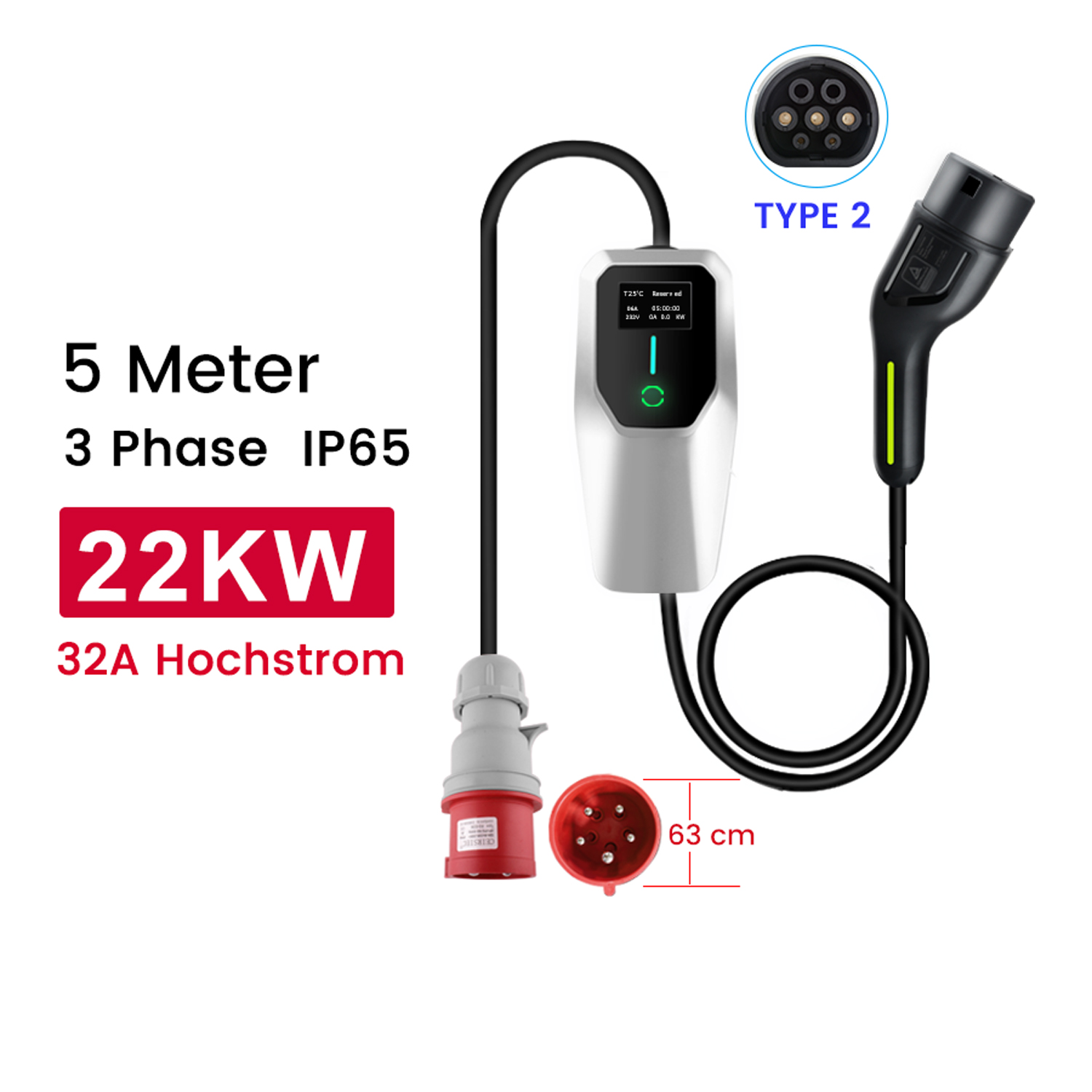 EV-Ladegerät mit Kabeln, Steckern und Anzeige. Text auf Deutsch, zeigt Spezifikationen wie 22 kW und 32 A.
