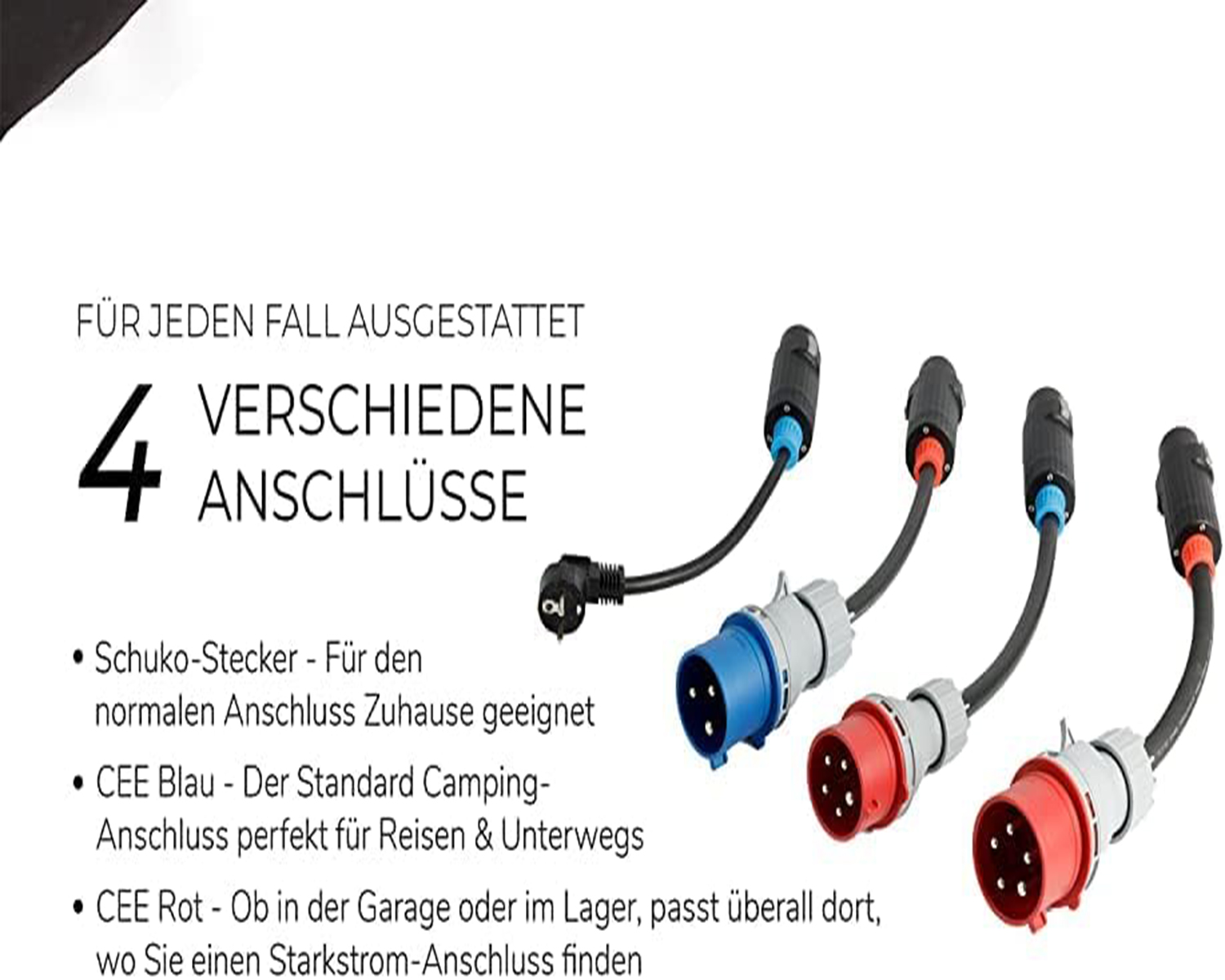 Vier elektrische Adapter, jeder mit einem anderen Steckertyp; weißer Hintergrund.
