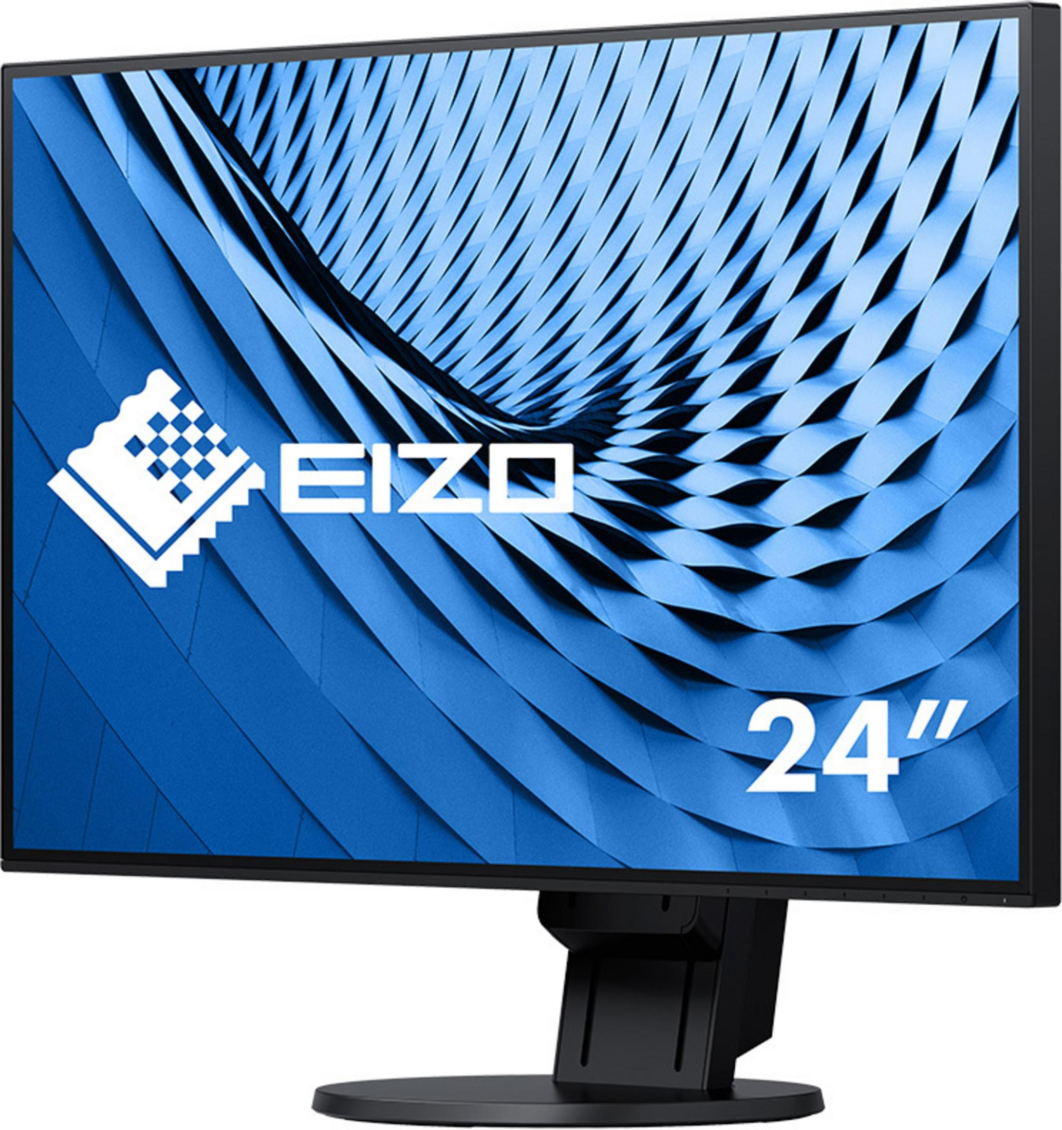 Monitor nero con cornice nera. Lo schermo mostra un motivo blu.