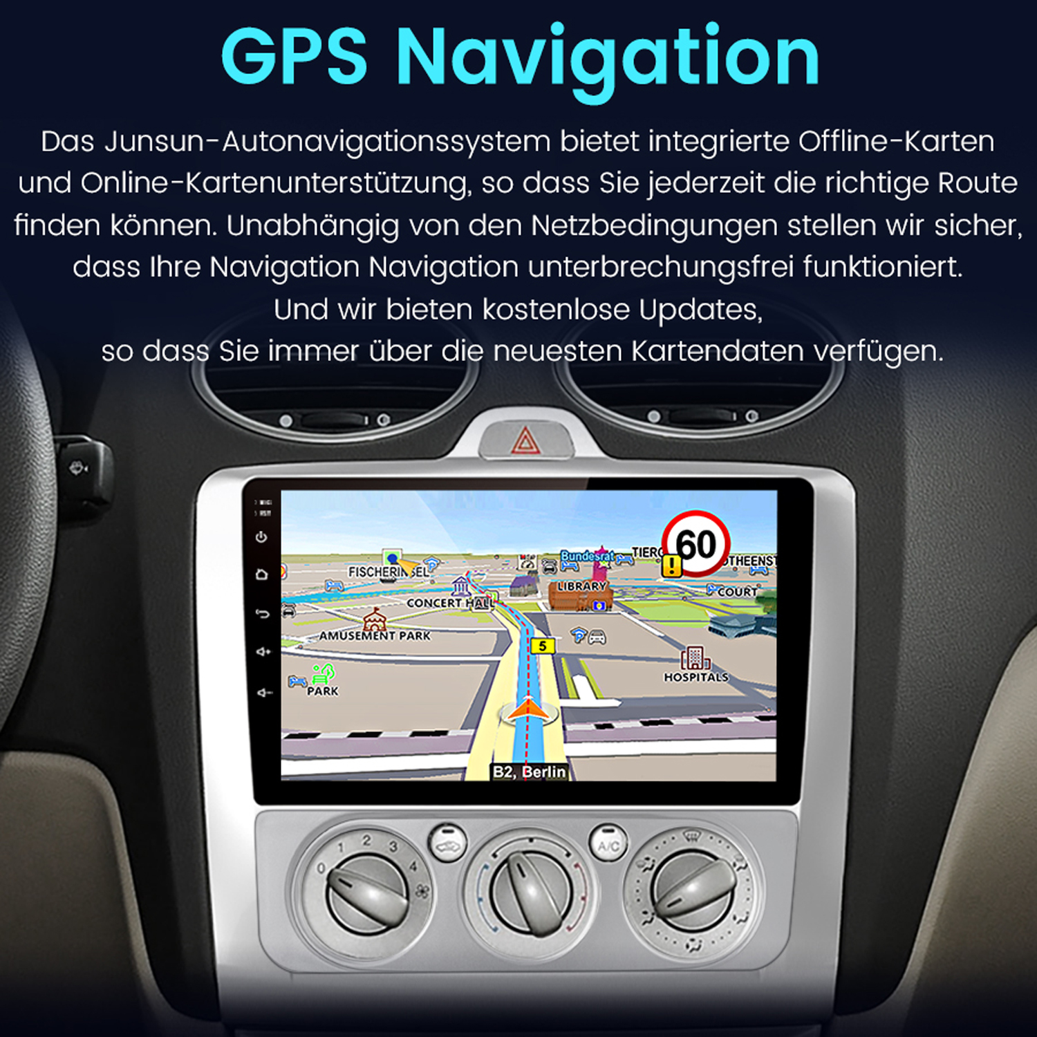 Auto-Navigationsbildschirm mit Karte und Wegbeschreibungen. Das Armaturenbrett ist im Vordergrund.
