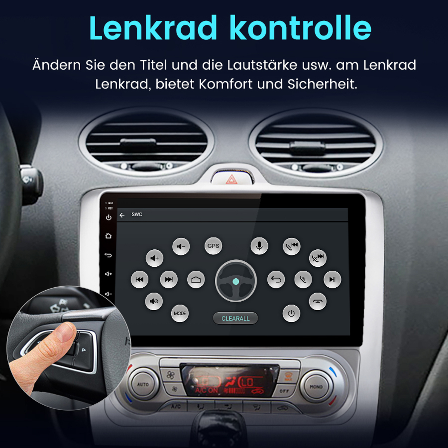 Auto-Display mit verschiedenen Optionen. Hand am Lenkrad. Auto-Innenraum im Hintergrund.