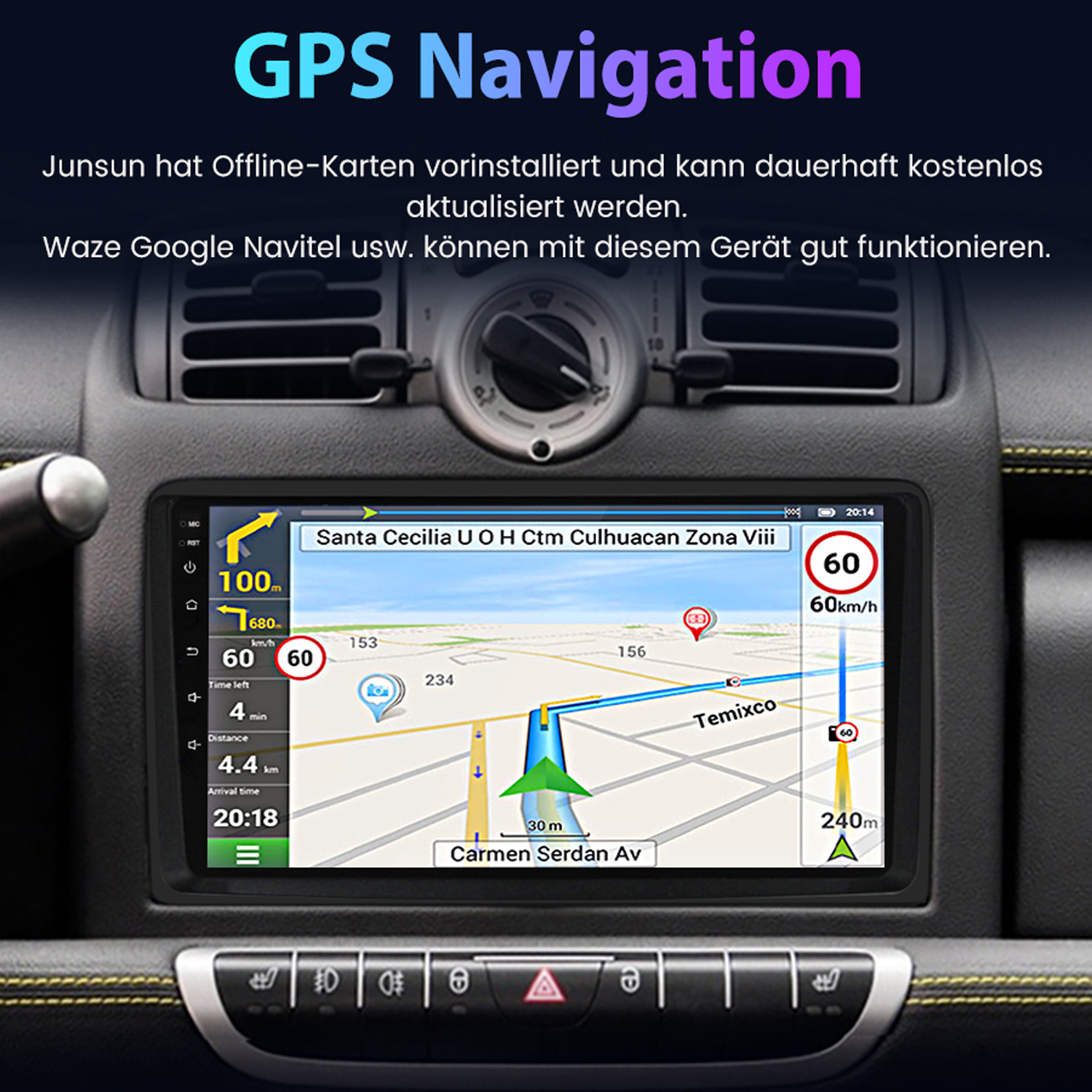 Ein Armaturenbrett eines Autos mit einem GPS-Navigationsbildschirm, der eine Karte zeigt.