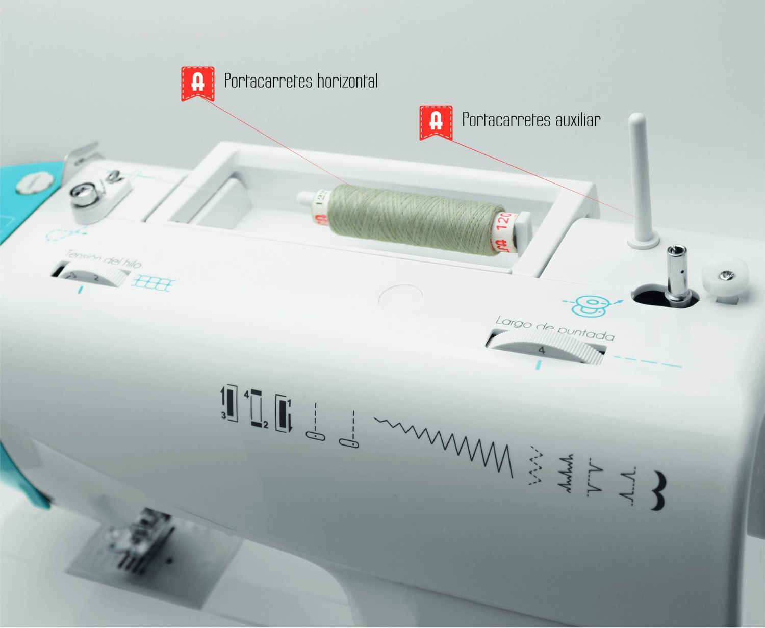 Maszyna do szycia z szpulkami nici, zbliżenie na górę z etykietami.