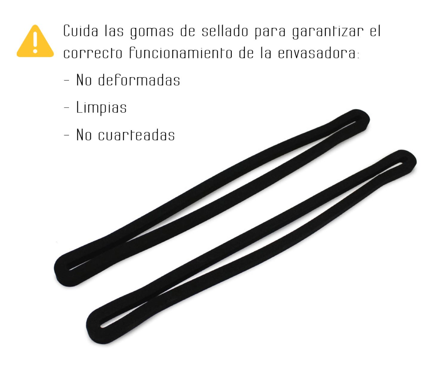 Dos bandas de goma negras sobre fondo blanco. Texto: no deformadas, limpias y no agrietadas.