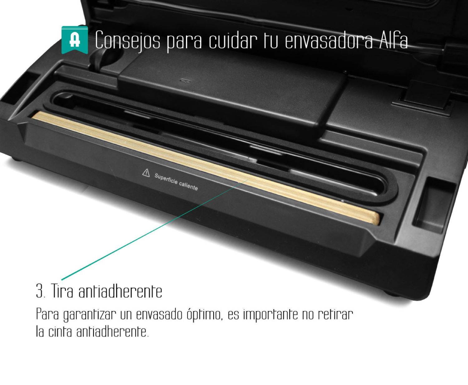 Selladora al vacío con texto, una flecha verde y un puntero.