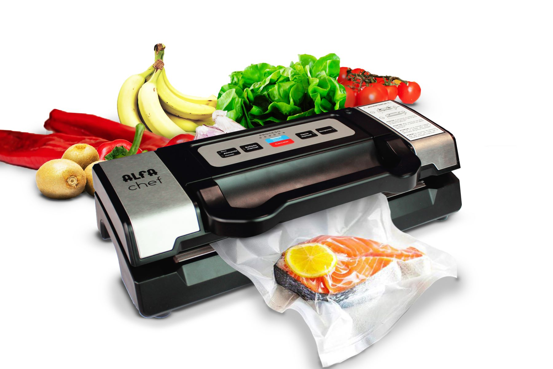 Una envasadora al vacío negra con alimentos y verduras sobre fondo blanco. Salmón y limón son visibles.