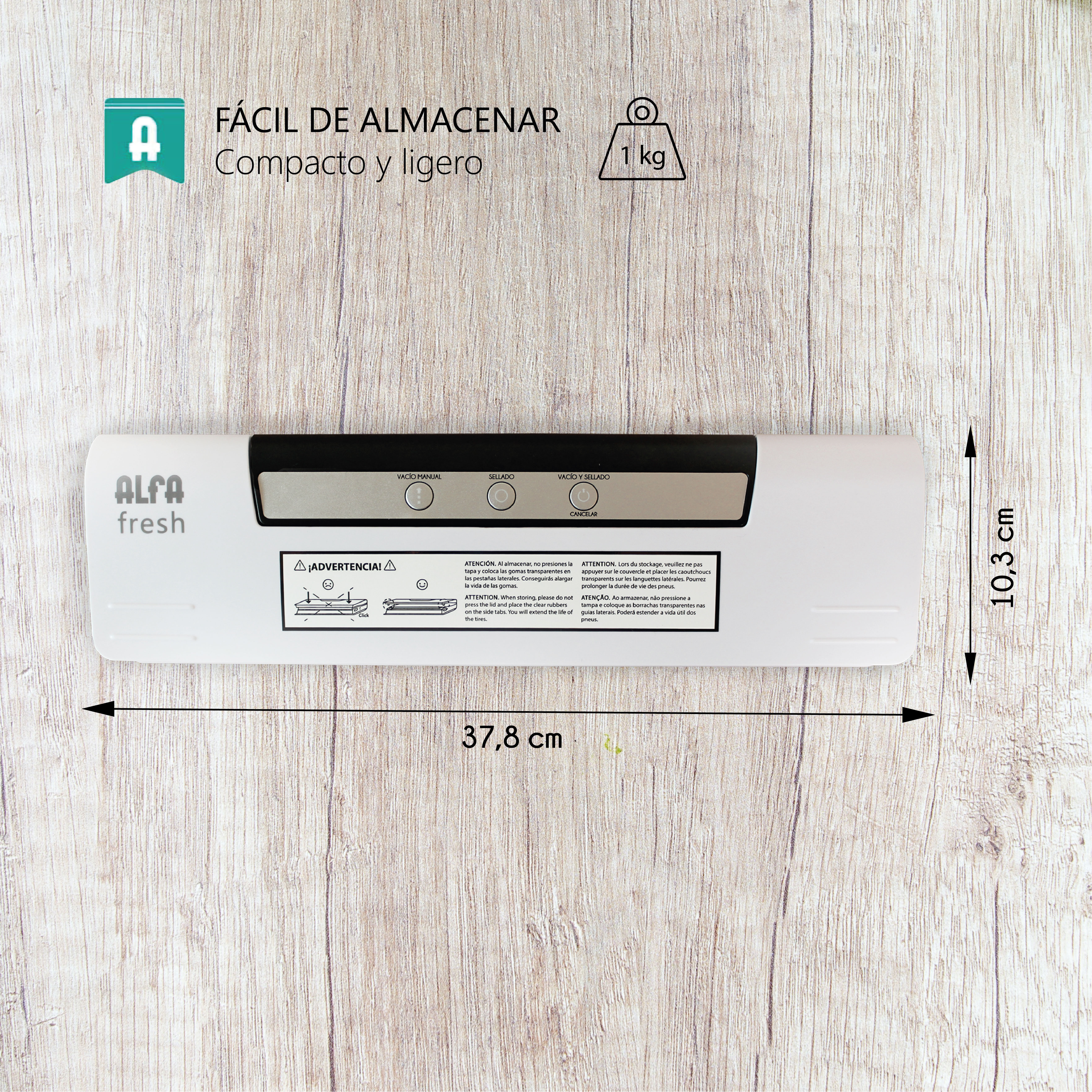 Selladora al vacío con dimensiones y texto. Fondo de madera con texto y números.