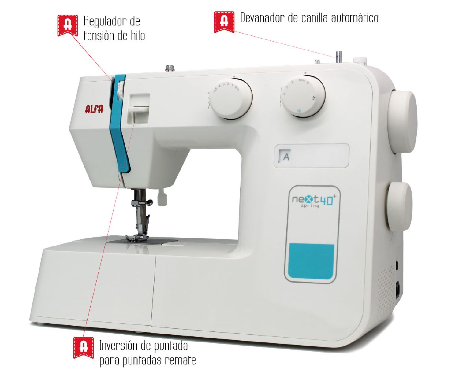 Máquina de coser blanca con detalles azules. Texto indica tensión, bobinador y ajustes de puntada.