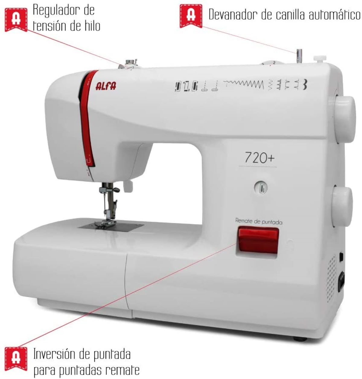 Biała maszyna do szycia z czerwonymi akcentami. Ma igłę, kilka przycisków i czerwony selektor ściegów.