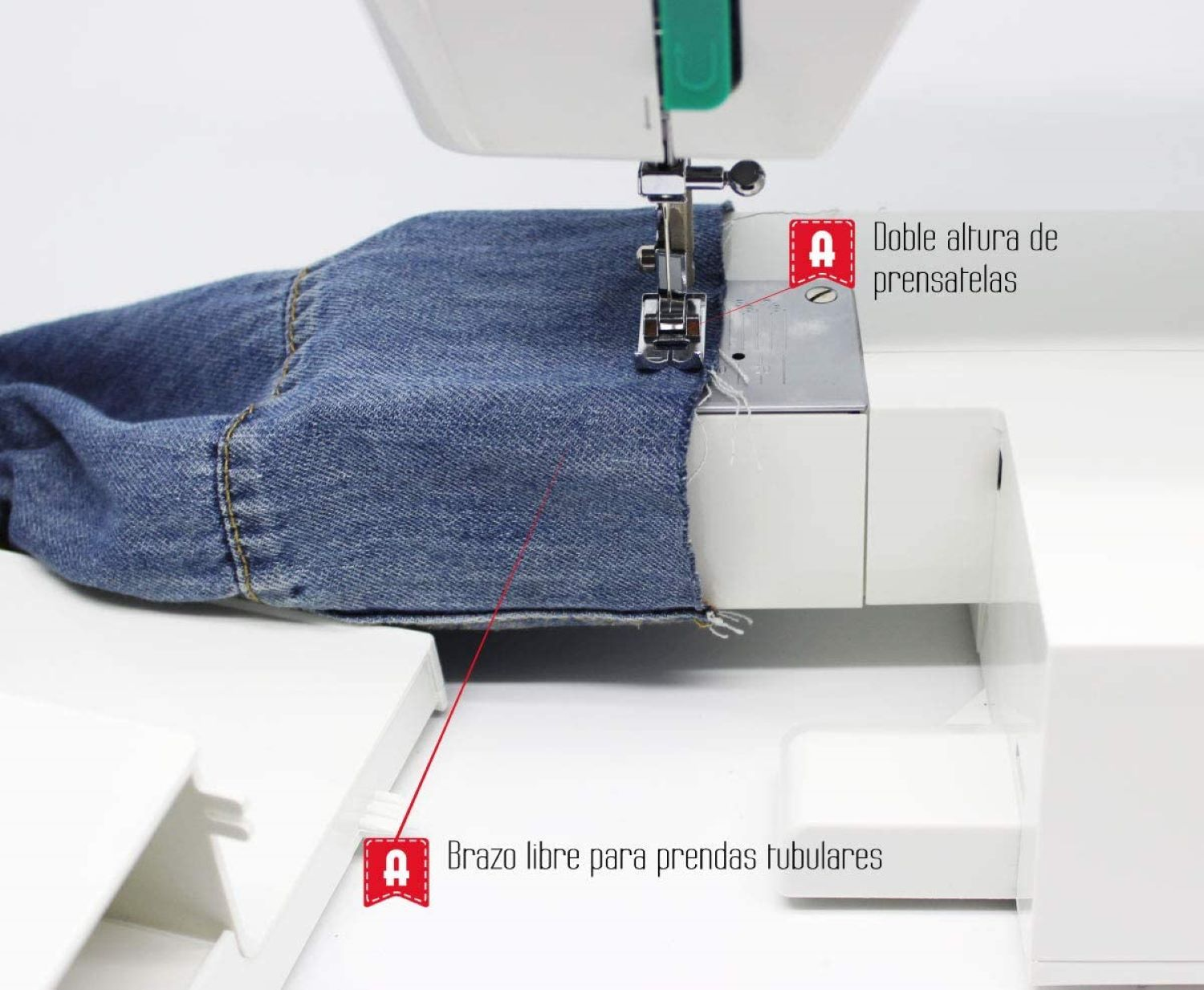 Se muestra una máquina de coser con tejido vaquero cosiéndose. Texto rojo indica características.