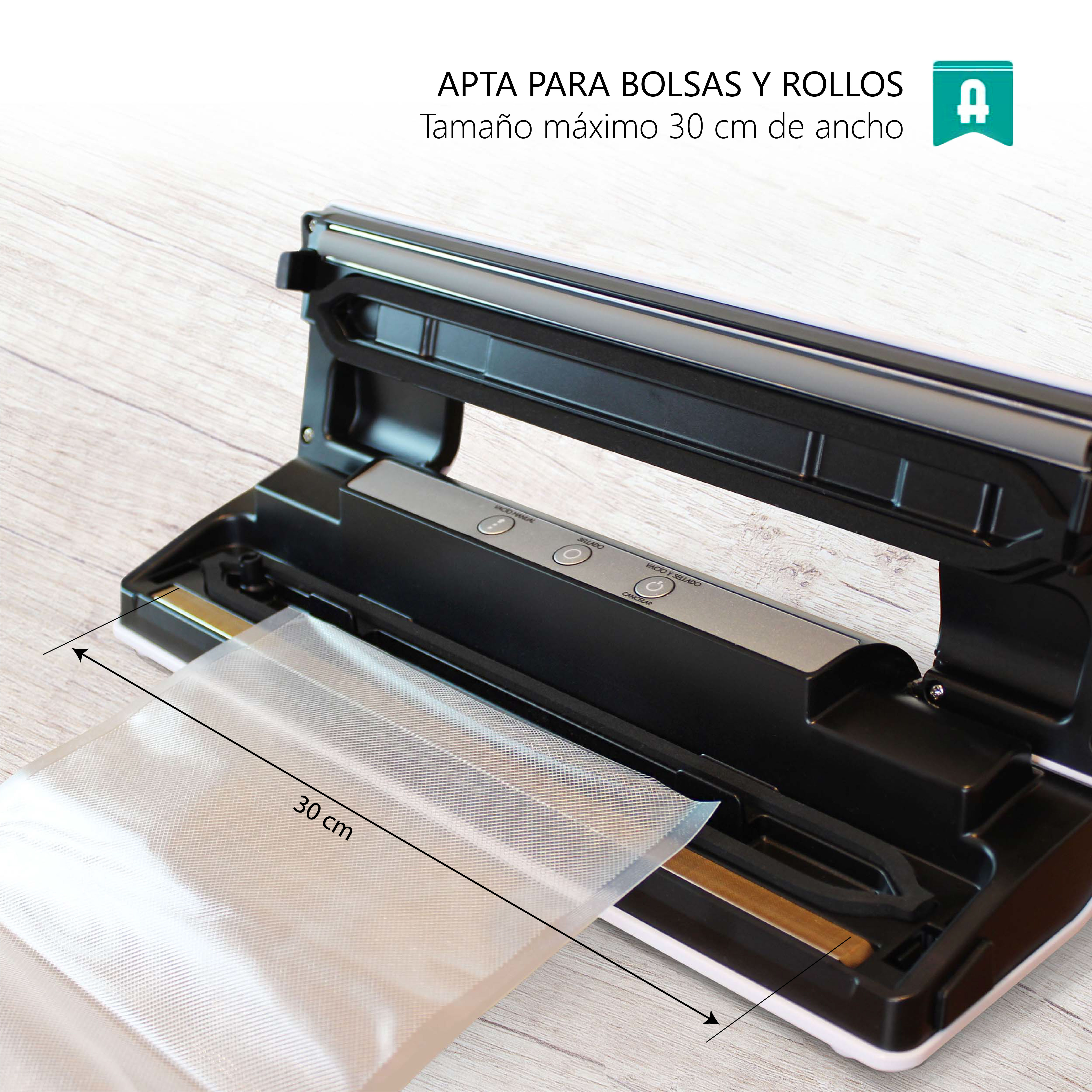 Una envasadora al vacío con una bolsa insertada. Texto: Apto para bolsas y rollos.