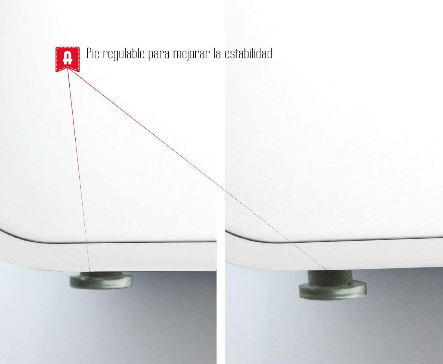 Primer plano de patas ajustables en un electrodoméstico blanco, con etiqueta en español.