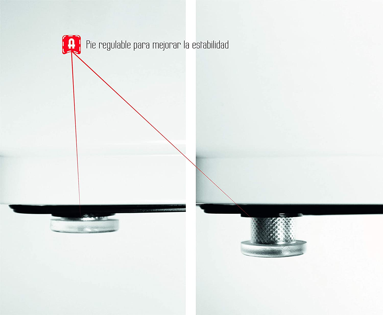 Zbliżenie regulowanej nóżki urządzenia. Czerwona strzałka wskazuje na nóżkę. Białe tło.