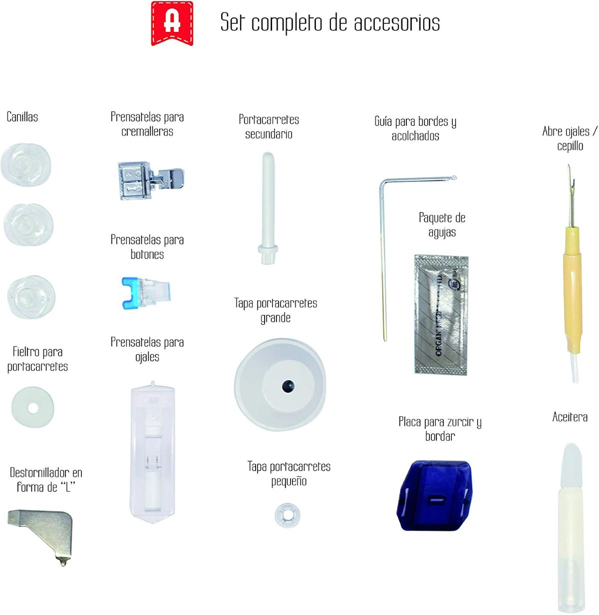 Zestaw akcesoriów do maszyny do szycia, w tym szpulki, igły i stopki.