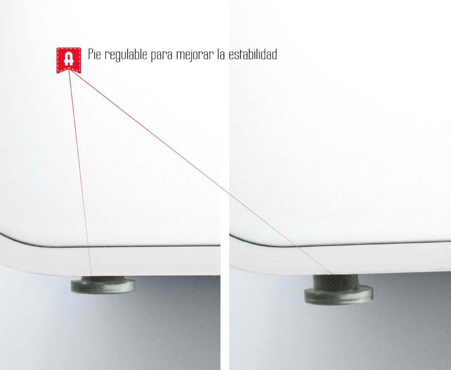 Dos imágenes del pie ajustable de un objeto blanco. Flecha roja señala el pie.