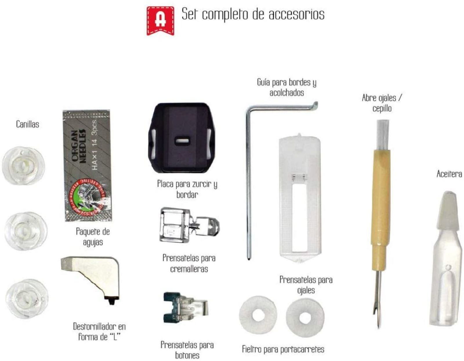 Accesorios de máquina de coser: bobinas, agujas, pie, destornillador, etc.