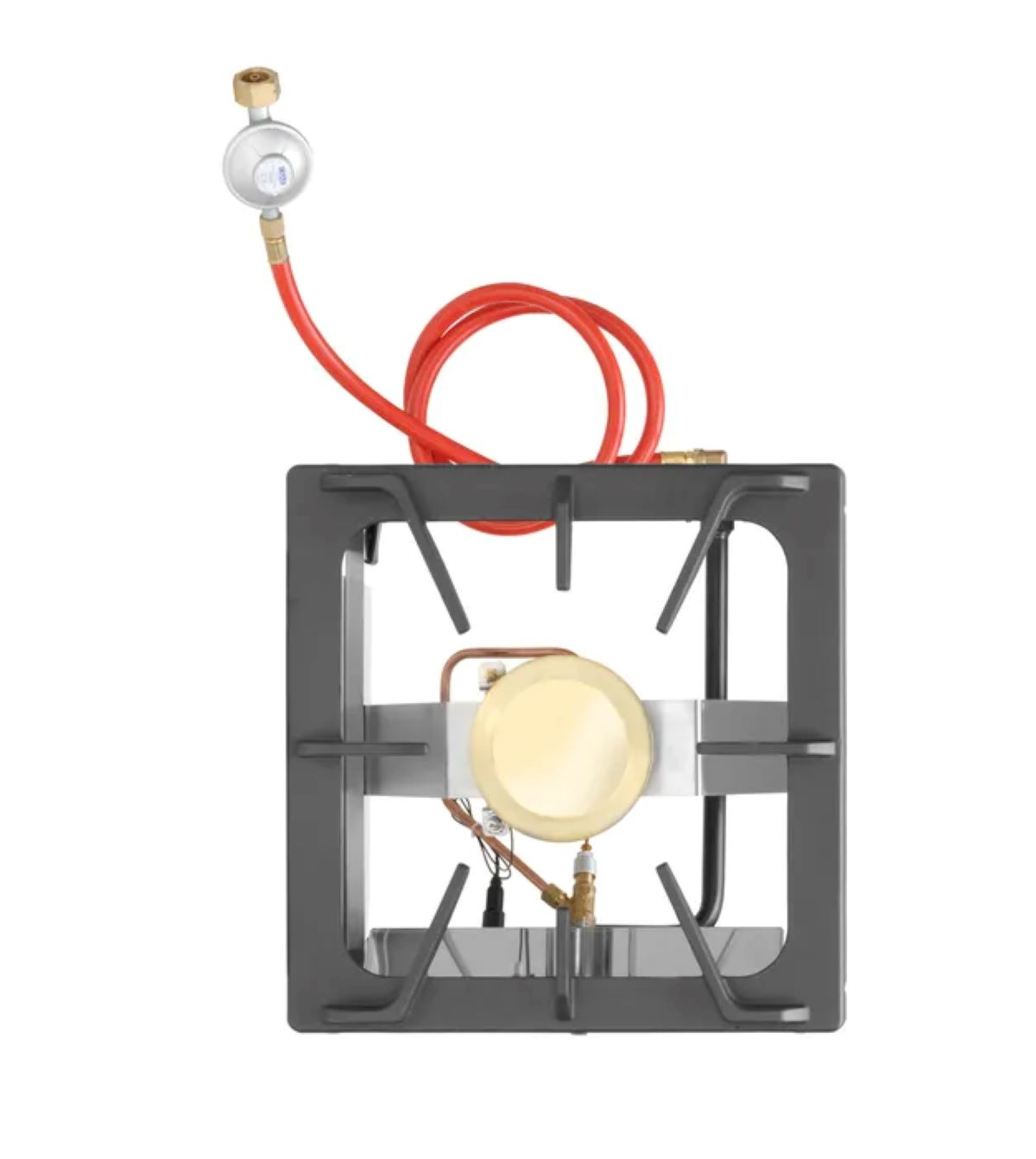 Metalowy palnik gazowy o kwadratowej ramie z czerwonym wężem i regulatorem gazu na białym tle.