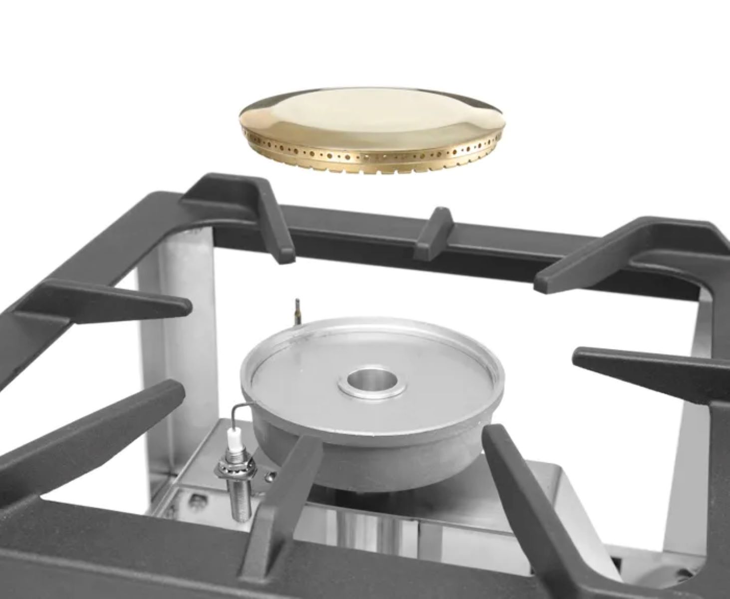 Palnik kuchenki gazowej. Osłona palnika nad podstawą, na białym tle.