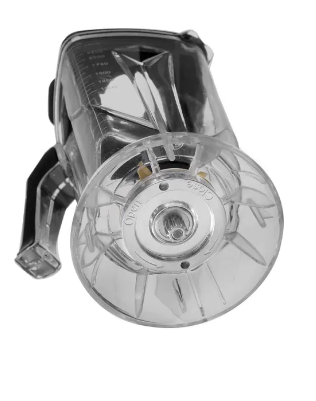 Contenitore trasparente per frullatore. Plastica trasparente, vista dal basso, con manico e misure.