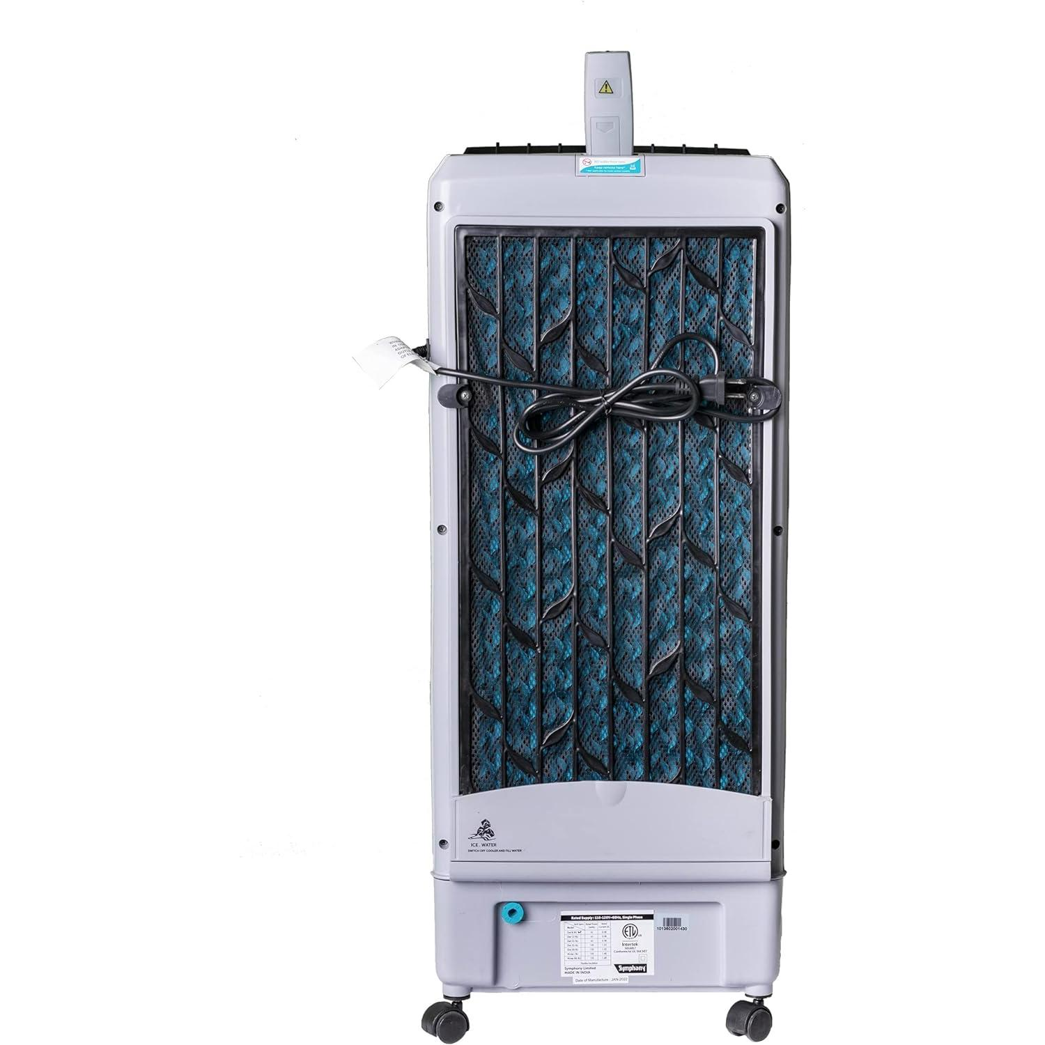 Vista trasera de un enfriador de aire gris y azul con cable de alimentación y panel.