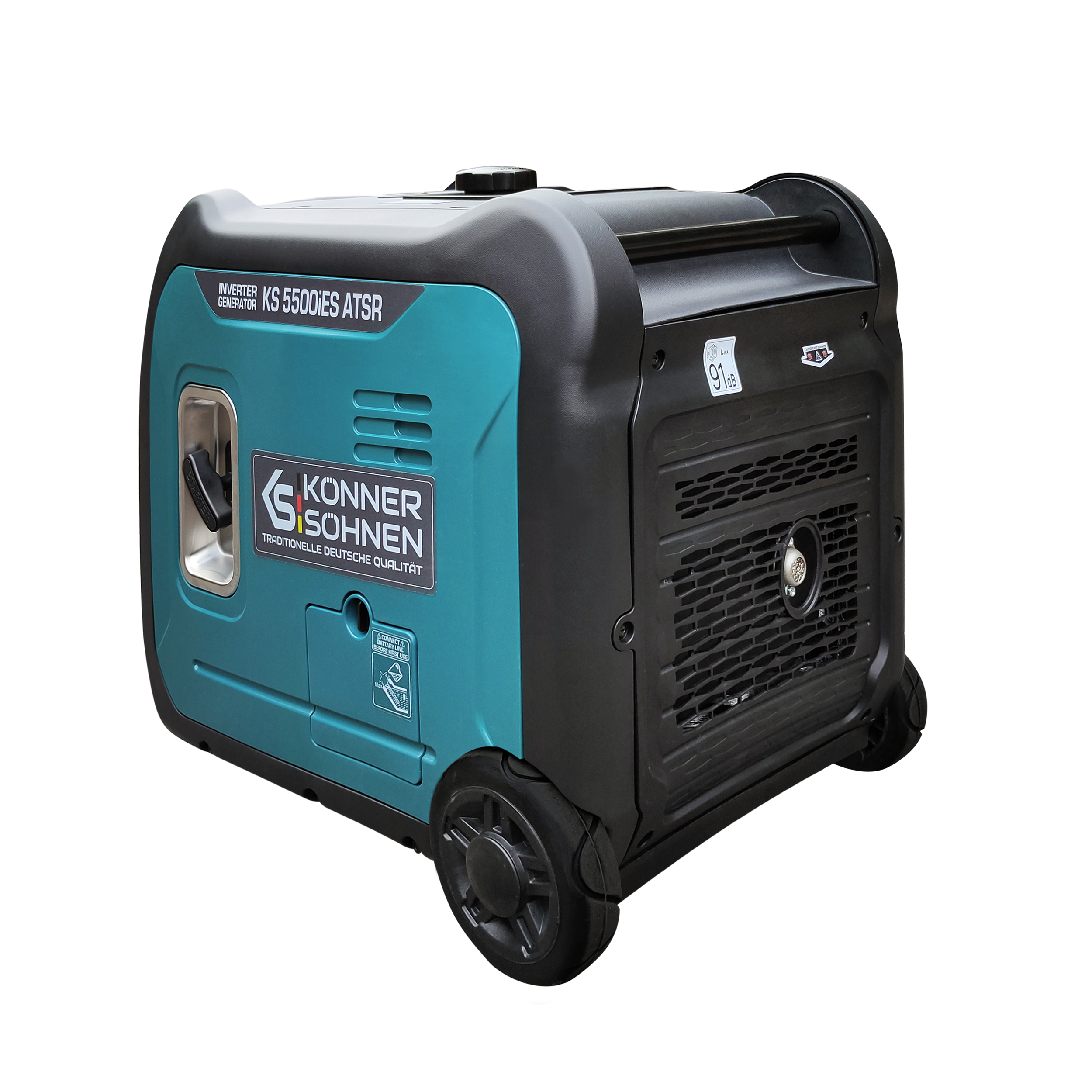 Ein Generator in Schwarz und Türkis mit Logo an der Seite, vor schwarzem Hintergrund.