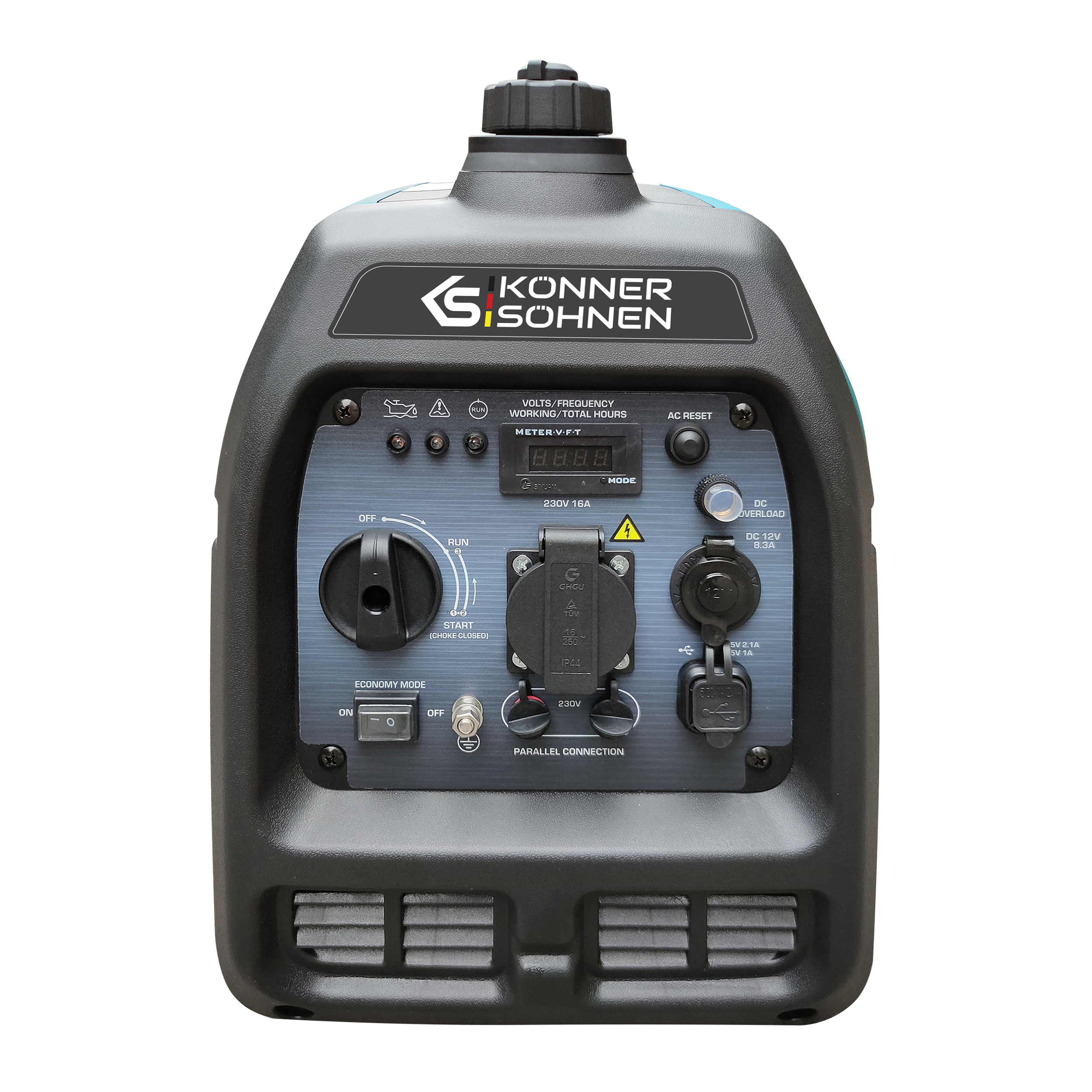 Czarny generator z panelem sterowania. Ma czarną obudowę i górny uchwyt.