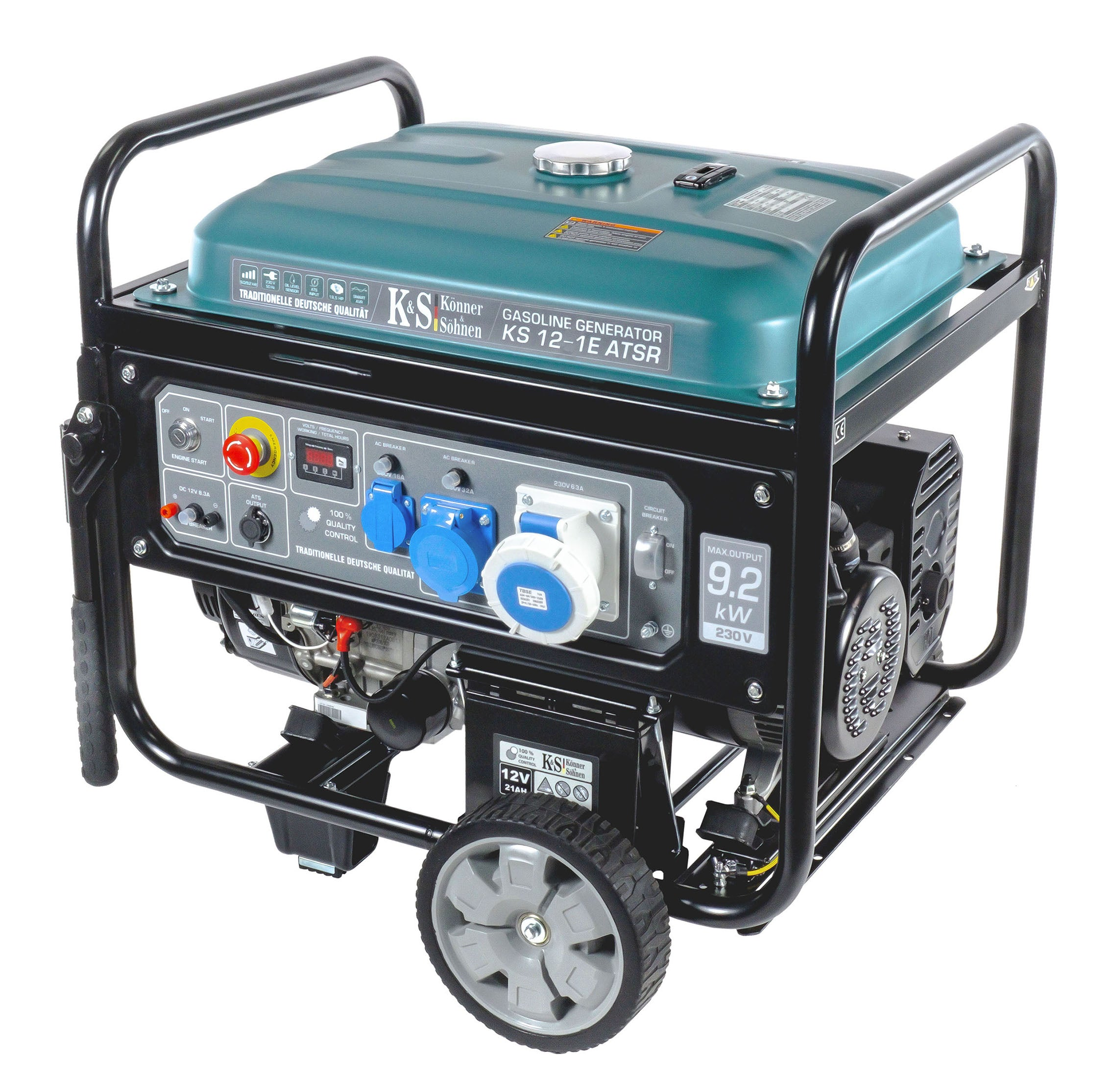 A black and green gasoline generator with wheels on a white background.
