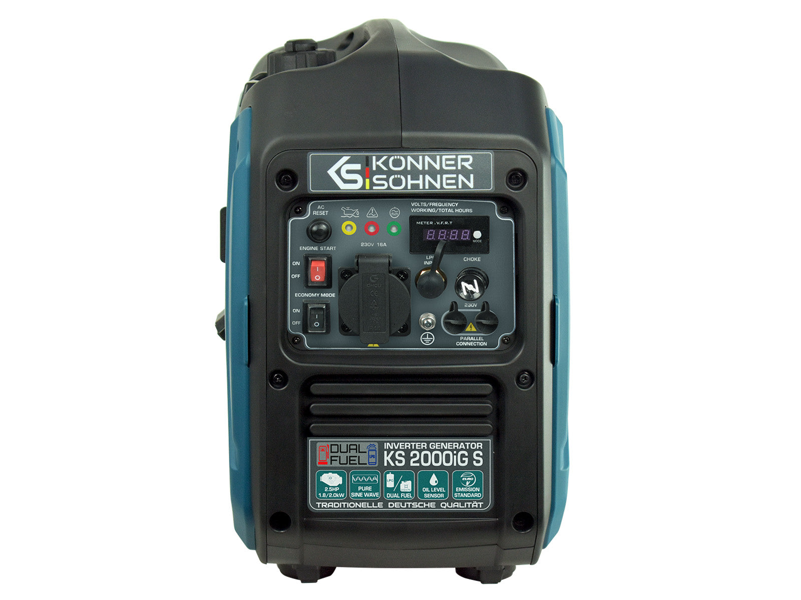 Generator w kolorach niebieskim i czarnym. Tył pokazuje elementy sterowania i nazwę marki. Białe tło.