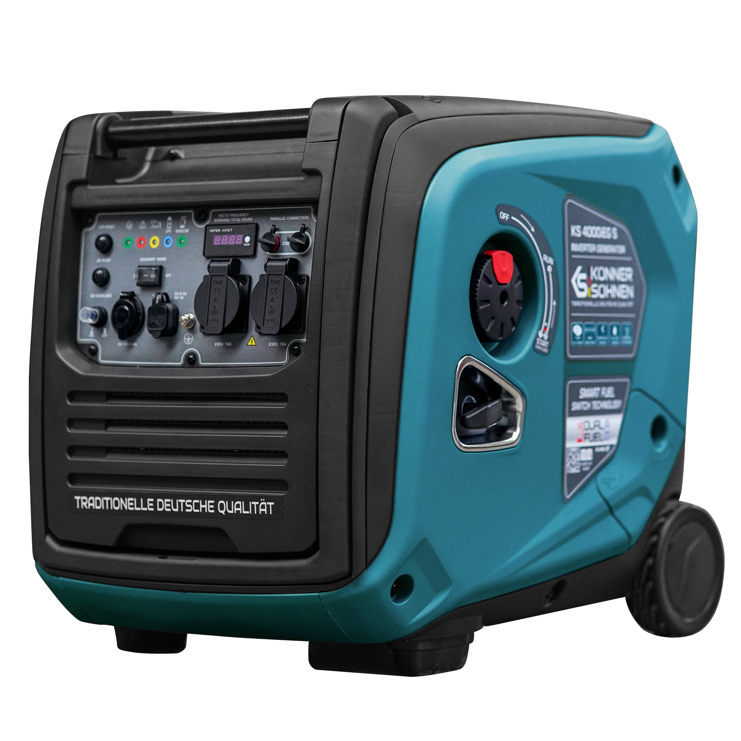 Generator w kolorze turkusowym i czarnym. Ma uchwyt i elementy sterujące oraz napis: 'Traditionelle Deutsche Qualität'.