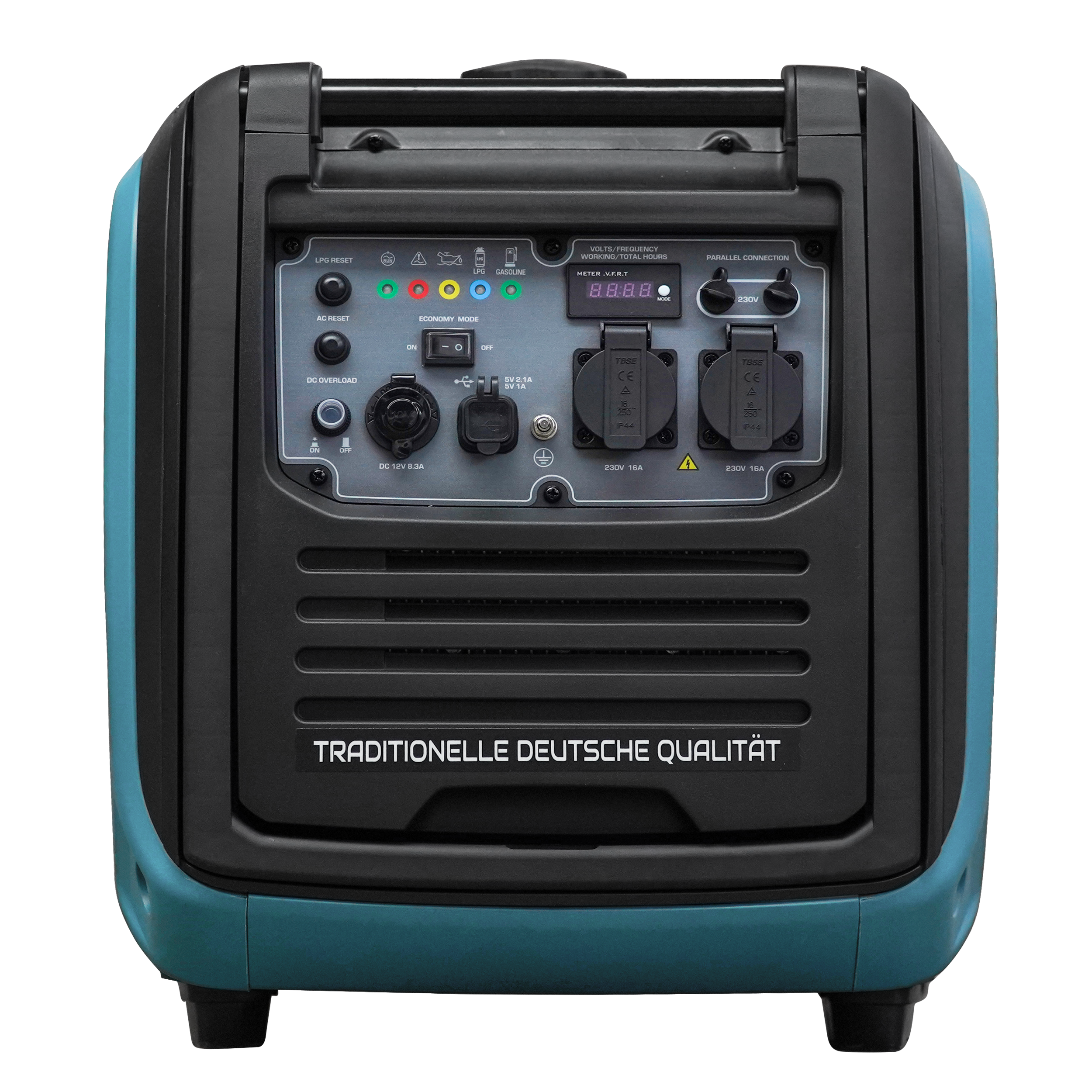 Panel sterowania generatorem. Panel jest turkusowo-czarny, z przyciskami, przełącznikami i ekranem. Czarne tło.