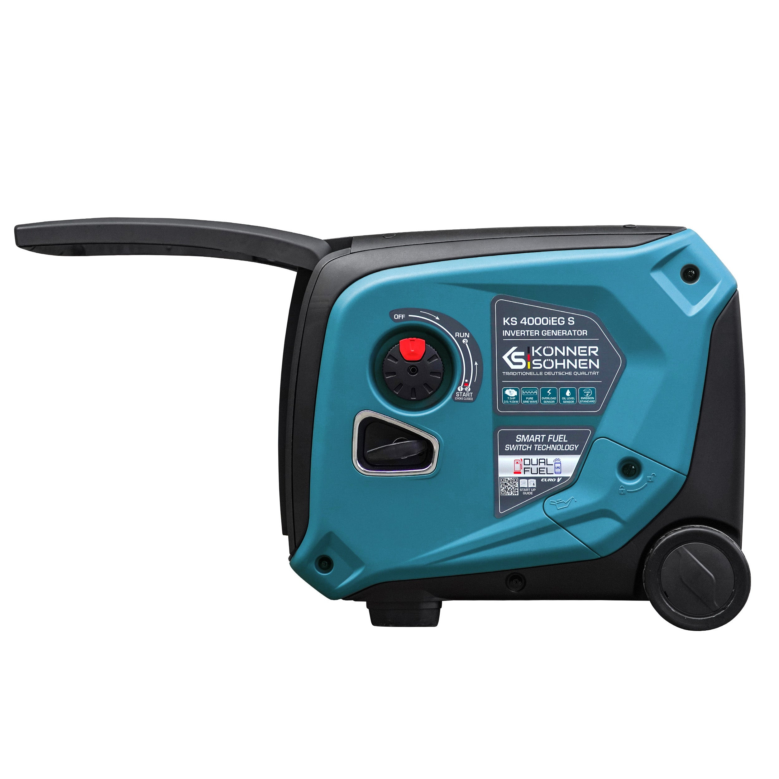 Turkusowy generator inwertorowy z czarnym uchwytem i panelem sterowania. Posiada czerwoną tarczę.