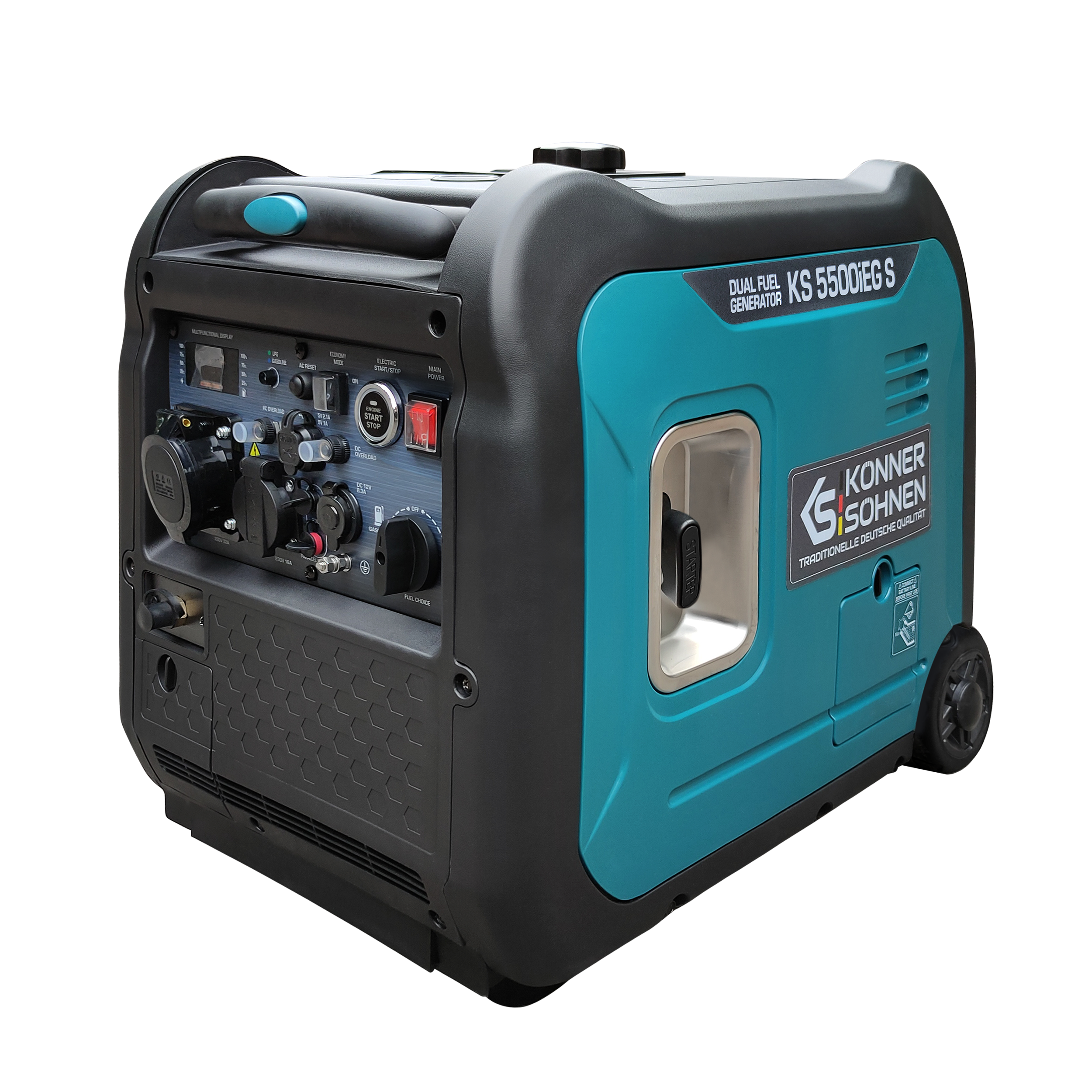 Generator dwupaliwowy, turkusowo-czarny, z panelem sterowania i kołami. Białe tło.