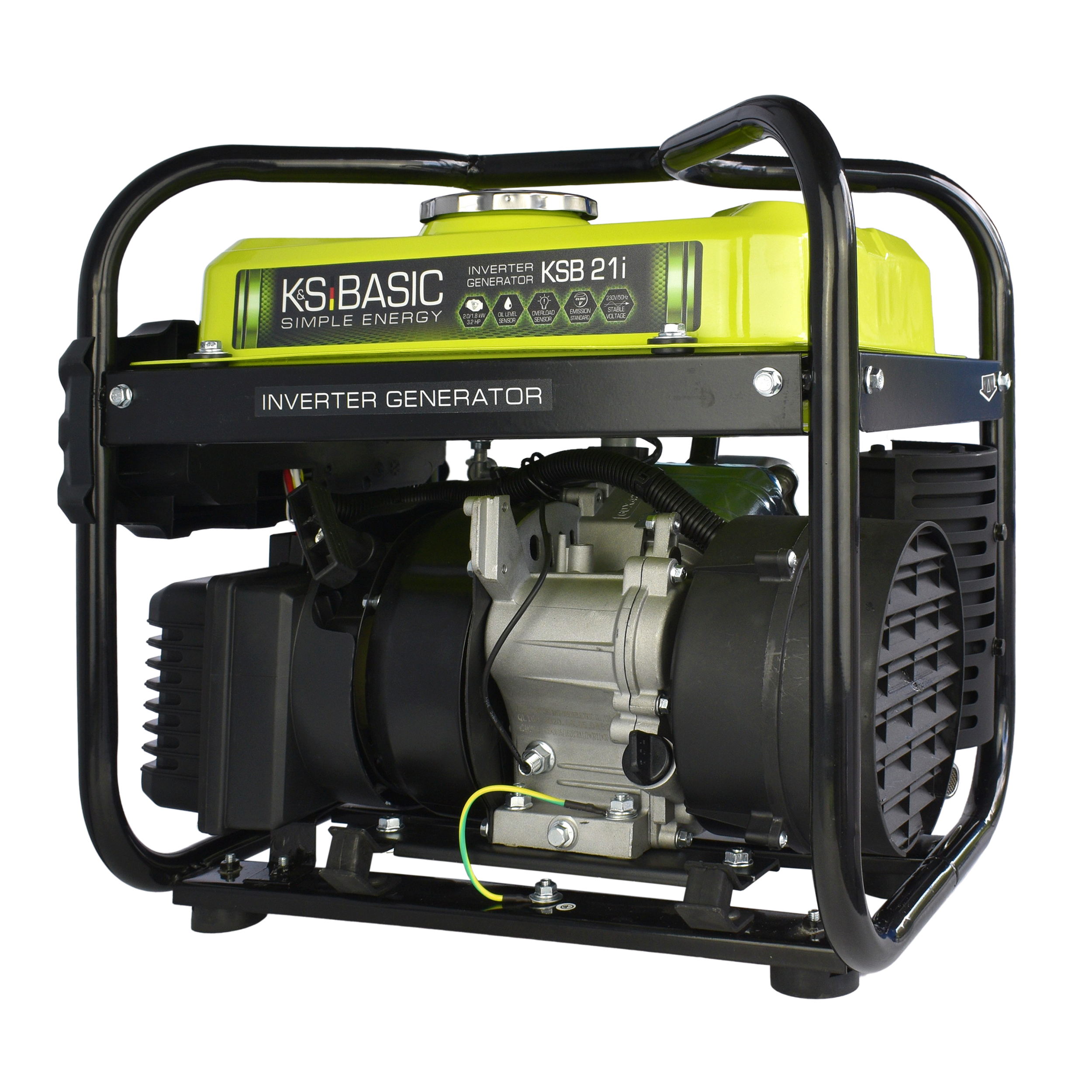 A generator with a green top and black frame on a dark background.