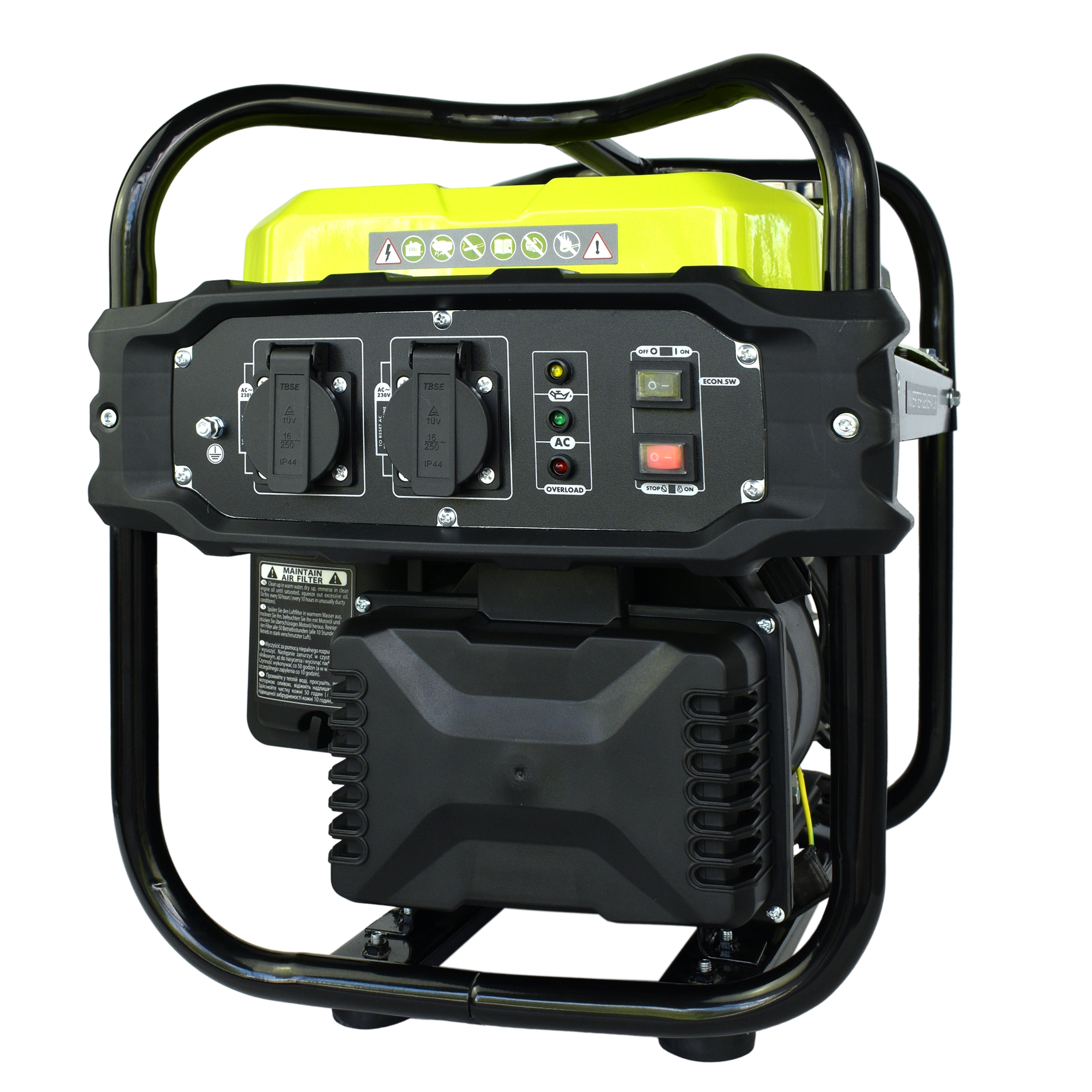 Black and yellow generator with control panel and frame.