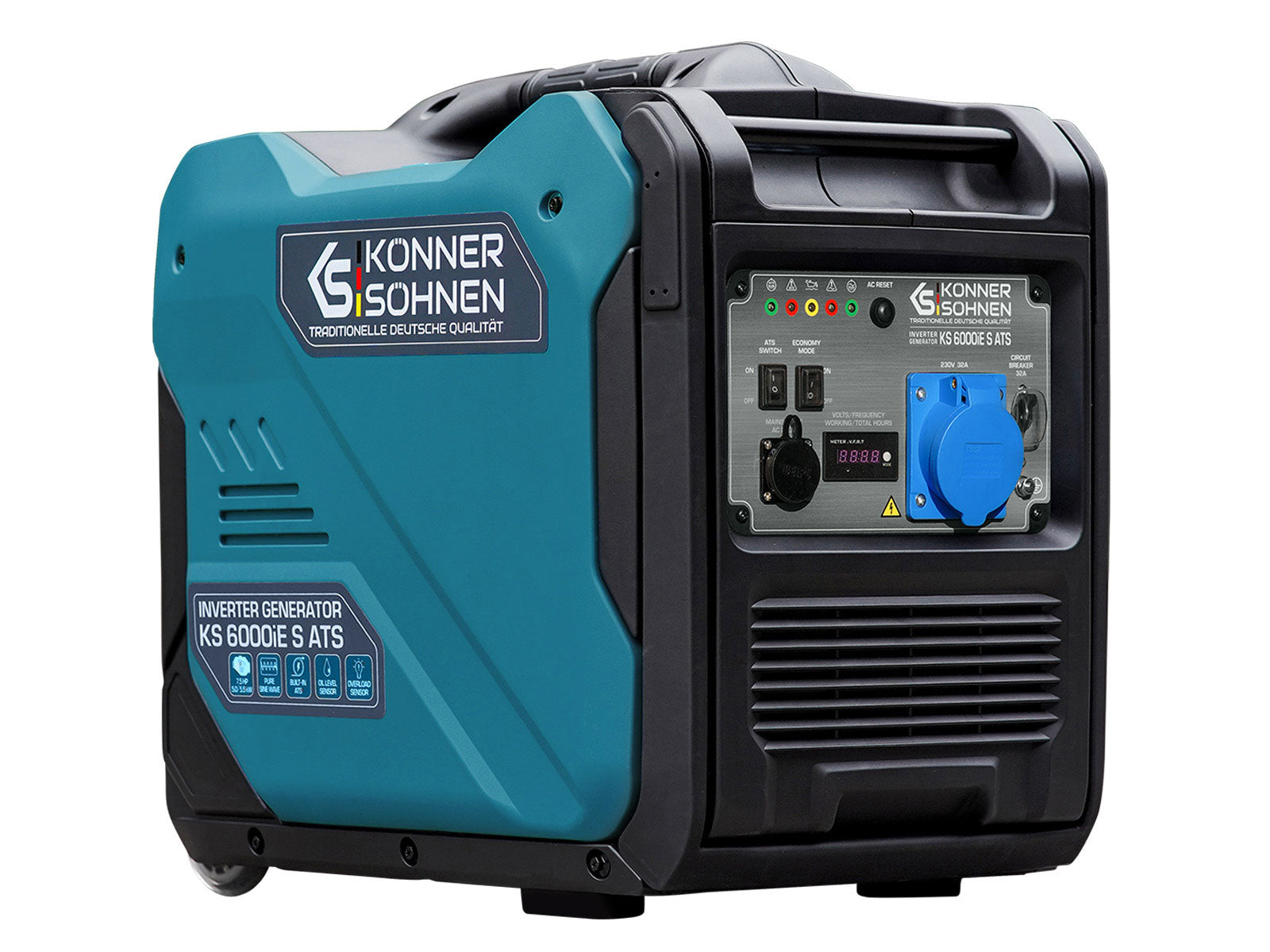 Generador turquesa y negro con logotipo Konner & Sohnen y panel de control.