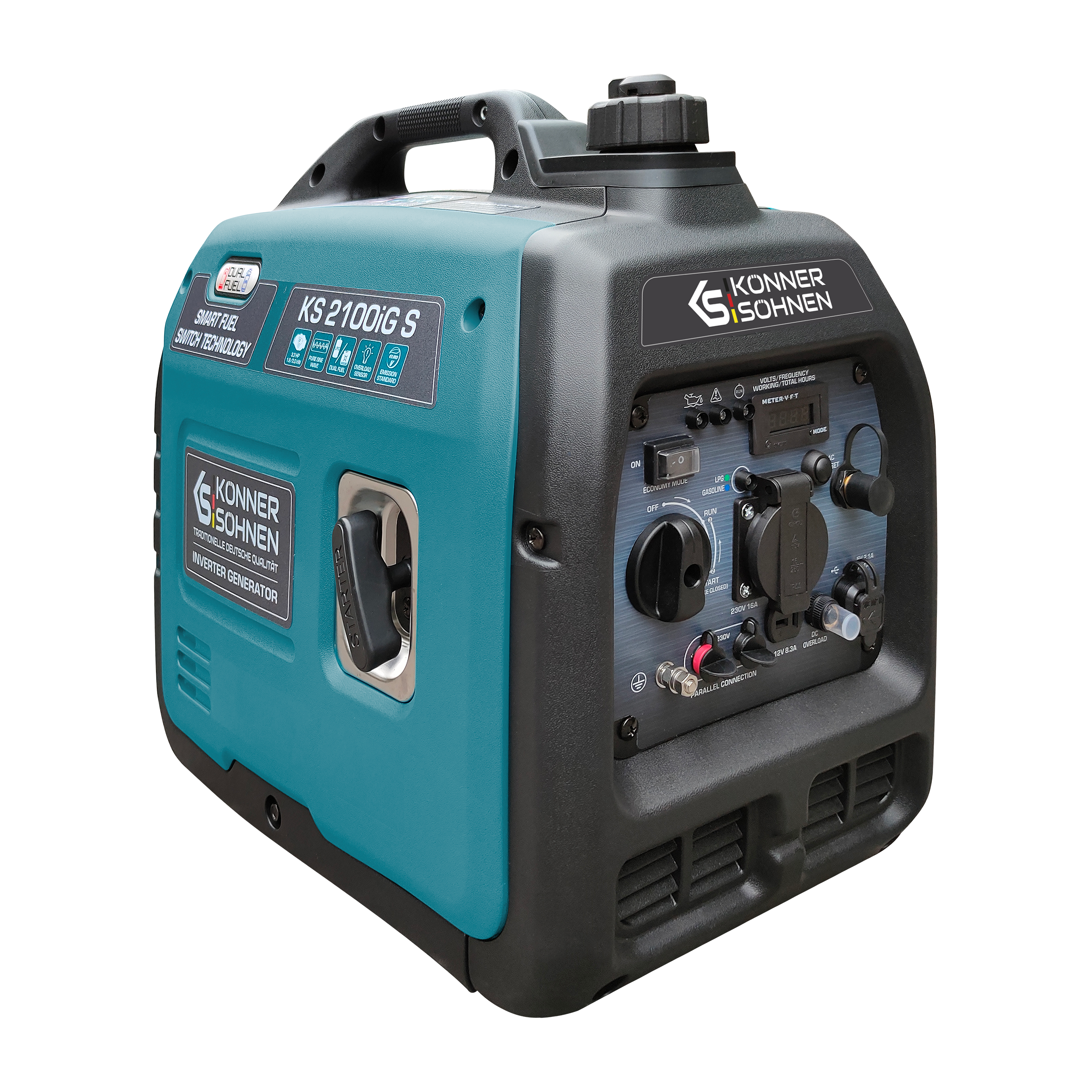 Przenośny generator benzynowy, turkusowy i czarny, z panelem sterowania i tekstem na ciemnym tle.