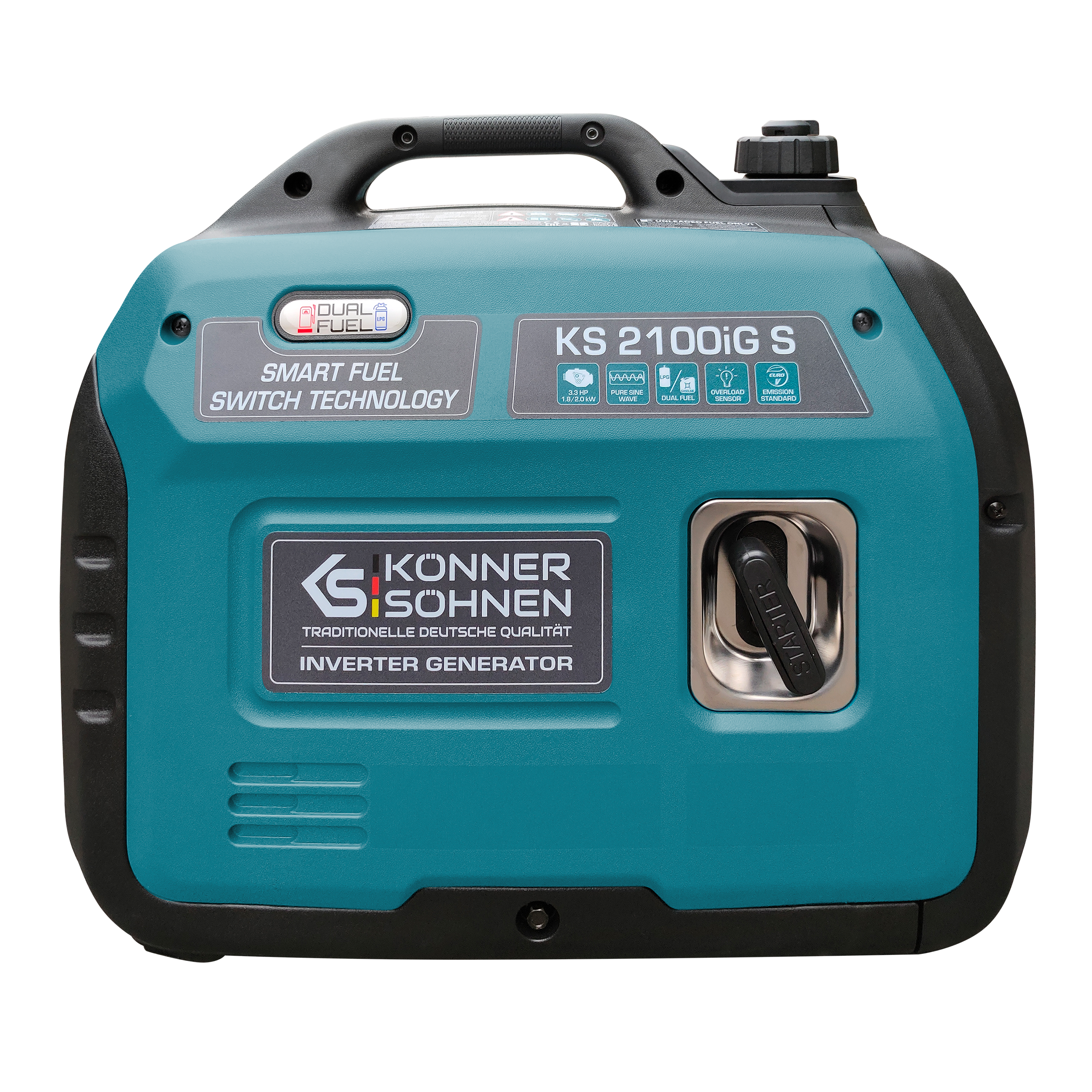 Turkusowo-czarny generator na czarnym tle. Cechy: podwójne paliwo, inteligentny przełącznik paliwa.