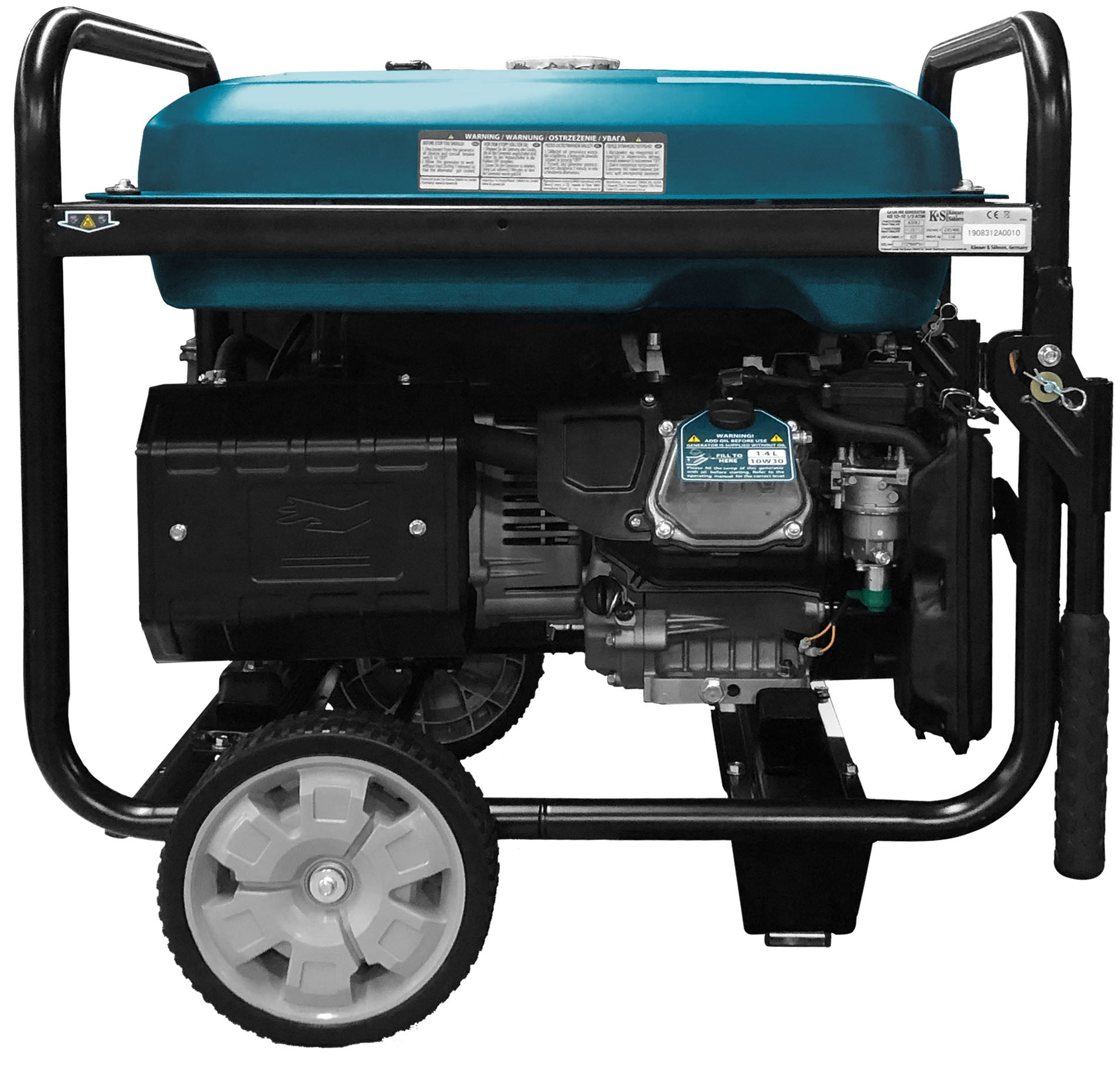 Türkis-schwarzer Generator mit Rädern und schwarzem Rahmen.