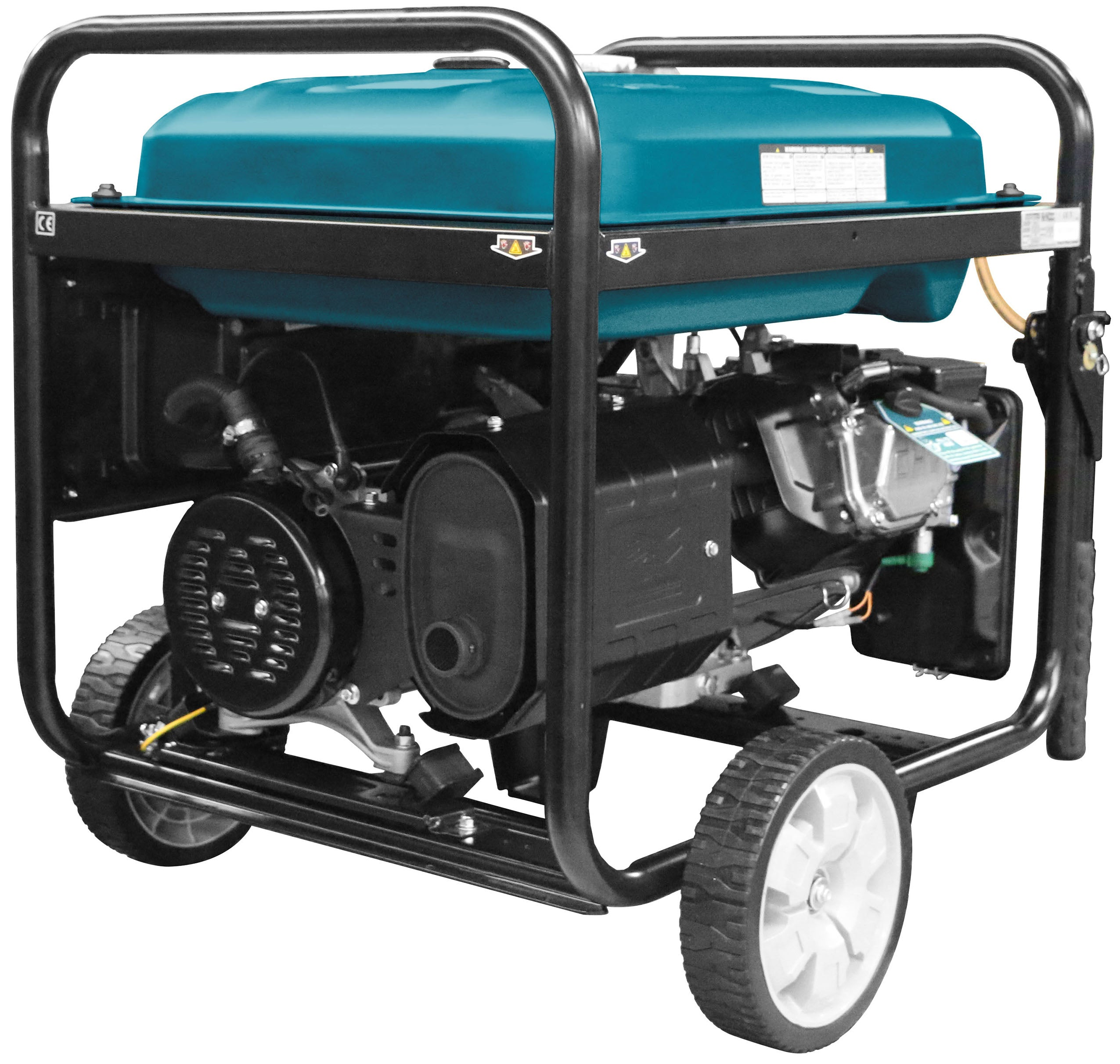 Schwarzer Generator mit blauem Kraftstofftank und Rädern.
