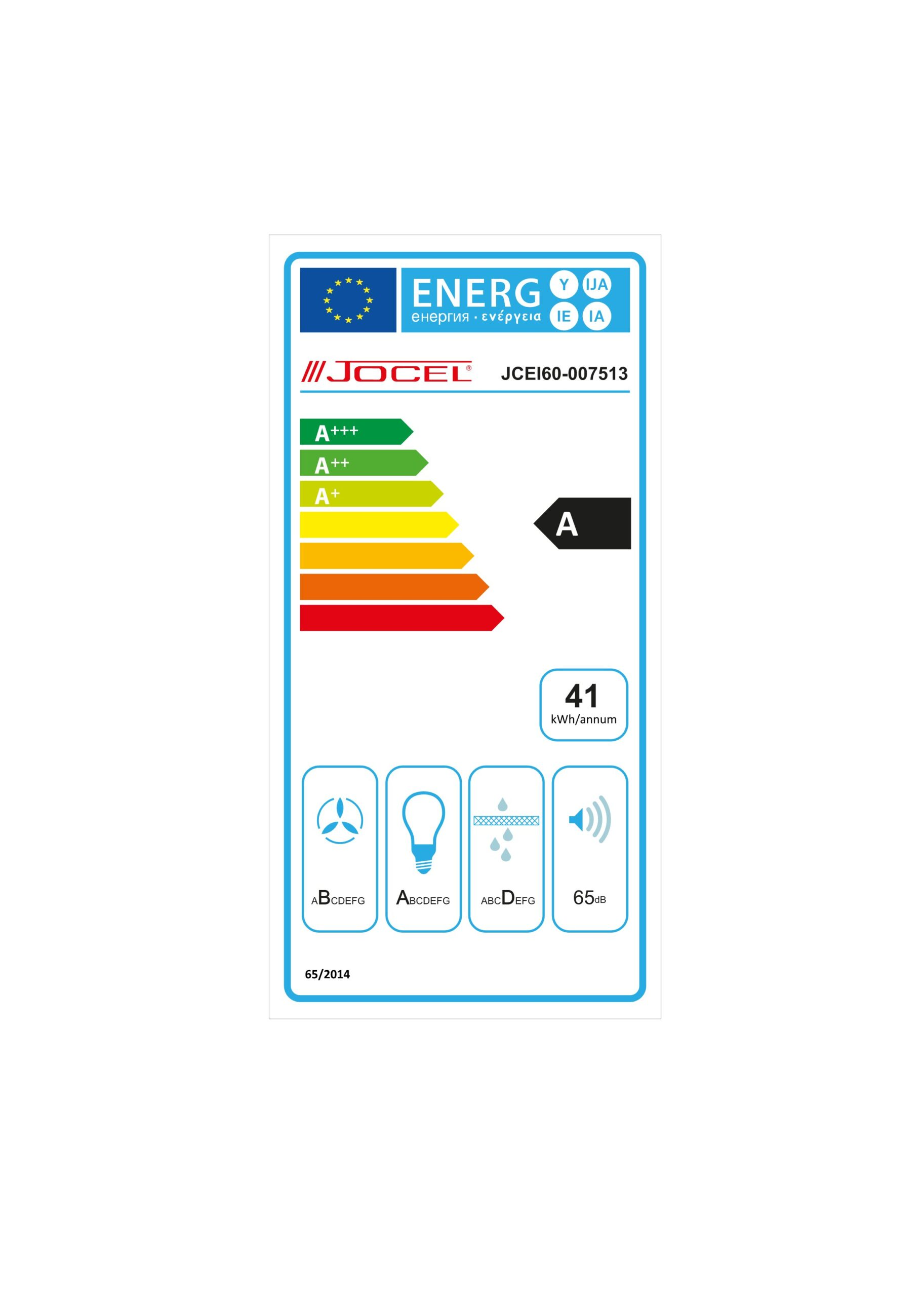 Etichetta energetica per un elettrodomestico JOCEL. Mostra le classificazioni di efficienza energetica. Sfondo bianco.