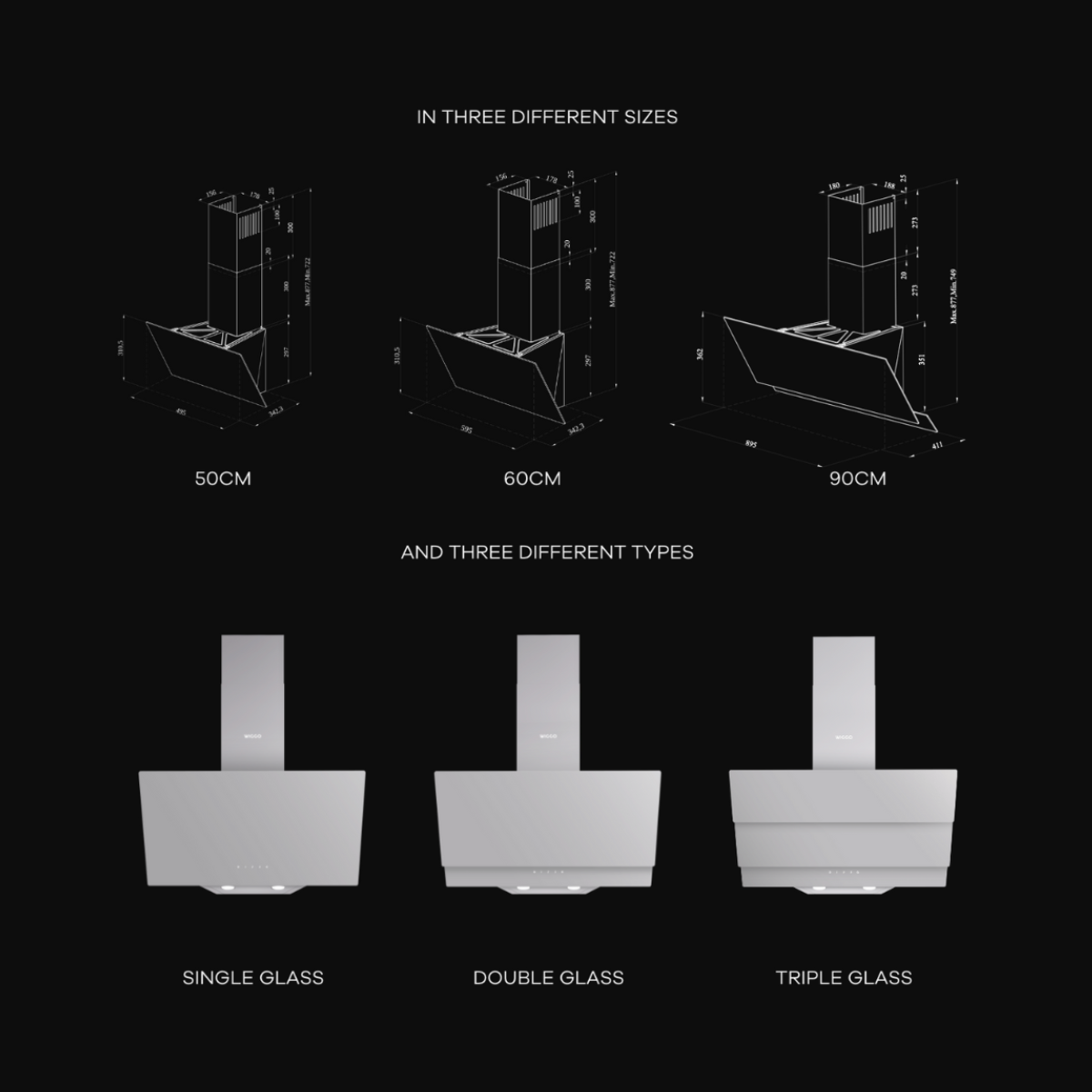 Diagramme montrant différentes hottes de cuisine avec des dimensions et des étiquettes en noir sur fond noir.