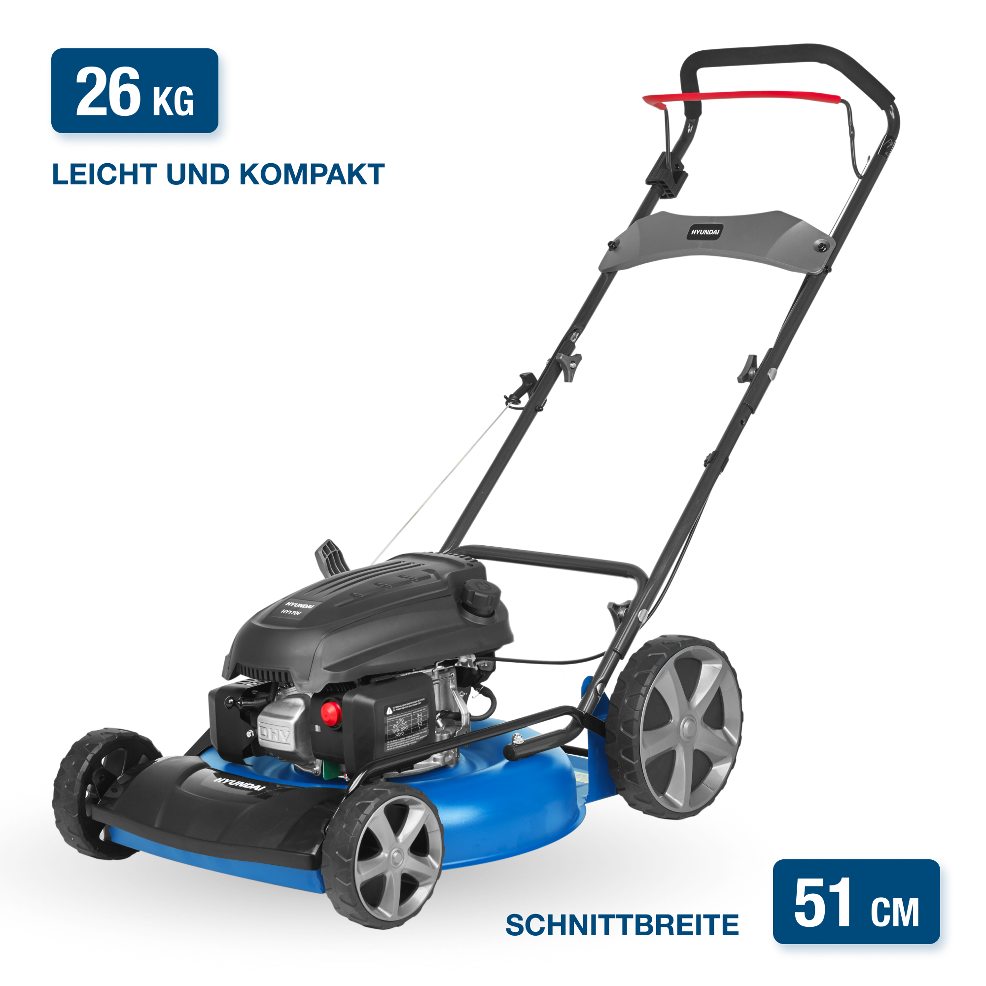 Blau-schwarzer Rasenmäher mit Griff und der Marke 'HYUNDAI'. Zeigt Schnittbreite und Gewicht.