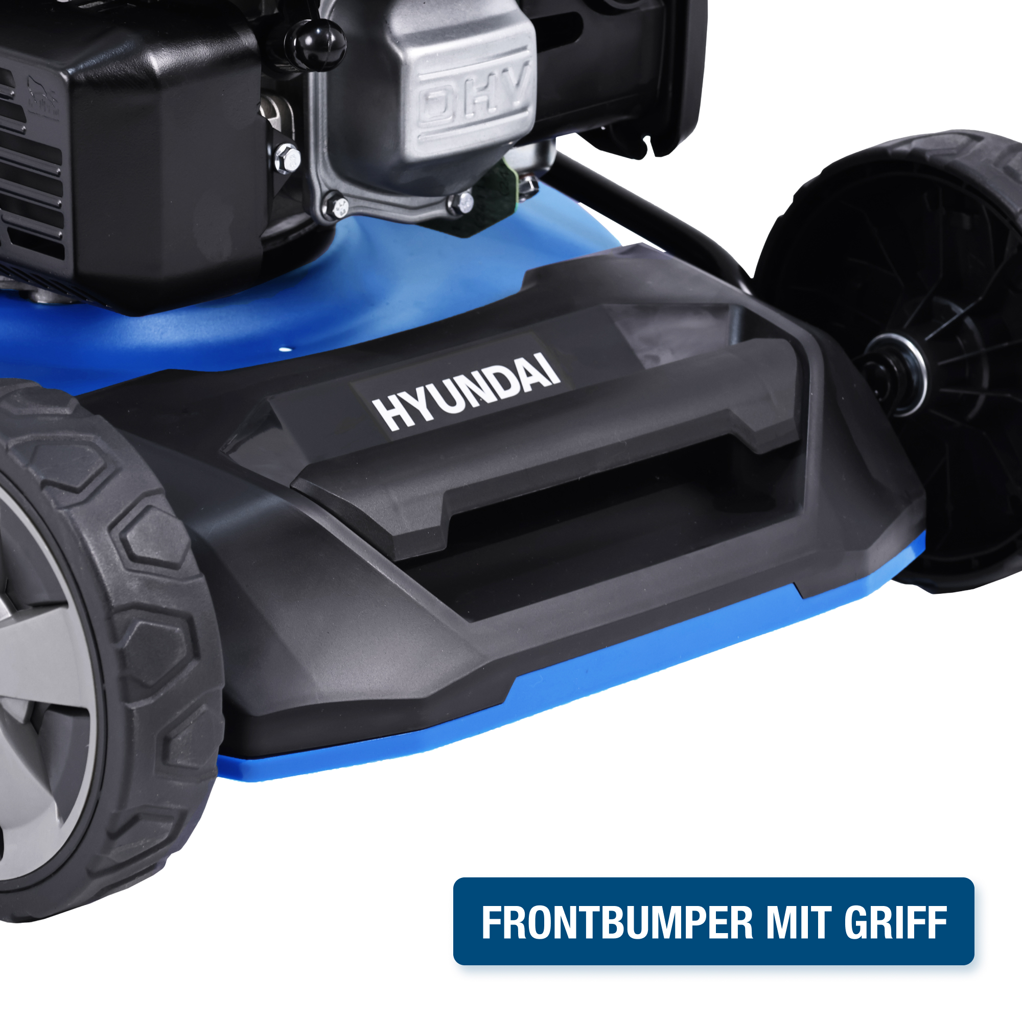 Hyundai Rasenmäher-Front, mit Griff und Rädern.